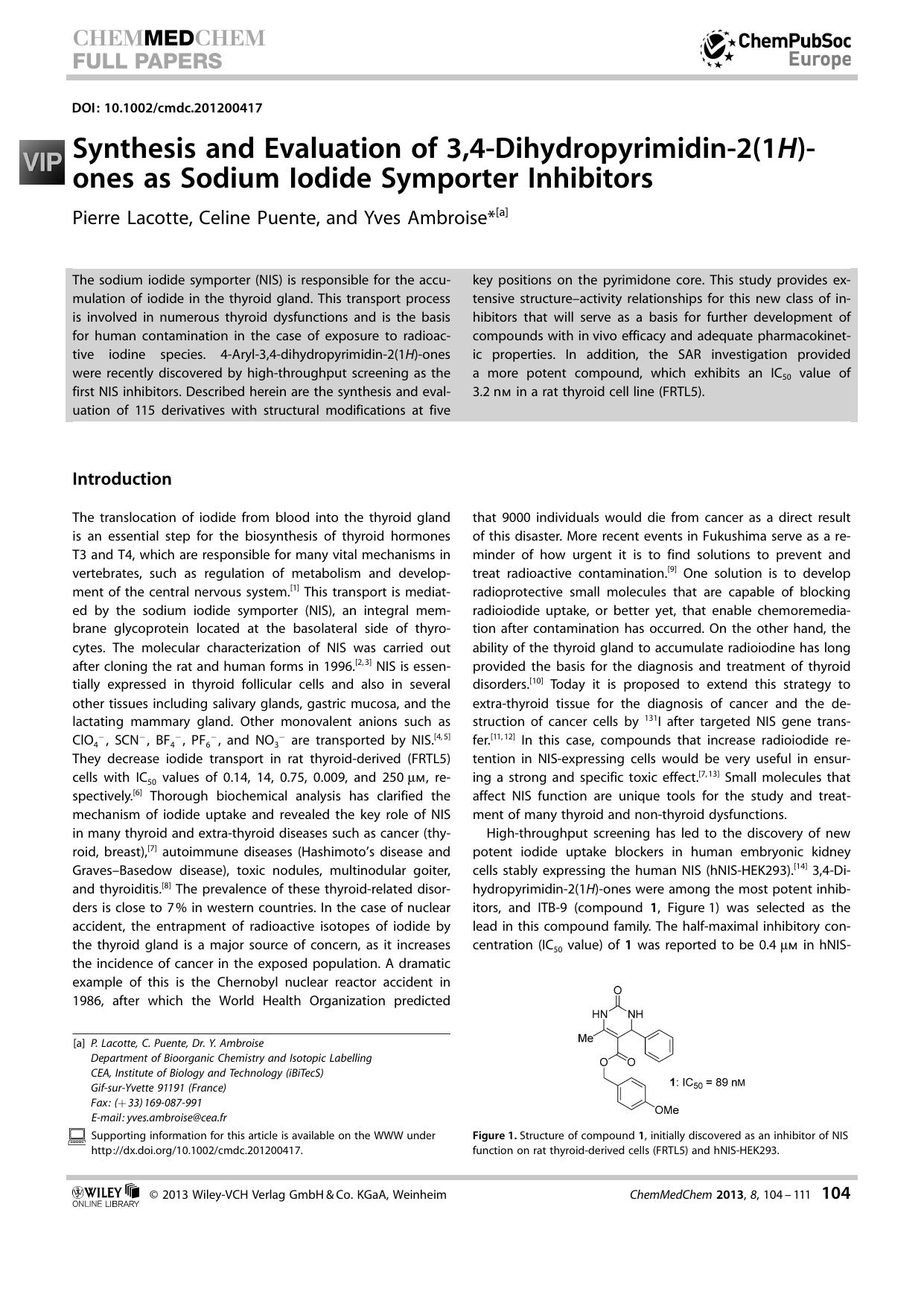 Synthesis and Evaluation of 3,4Dihydropyrimidin2(1H)ones as Sodium Iodide Symporter Inhibitors by Unknown