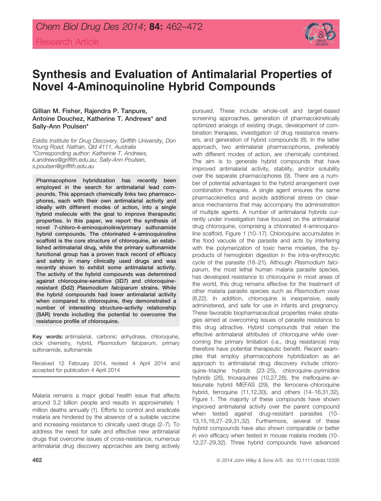 Synthesis and Evaluation of Antimalarial Properties of Novel 4Aminoquinoline Hybrid Compounds by unknow