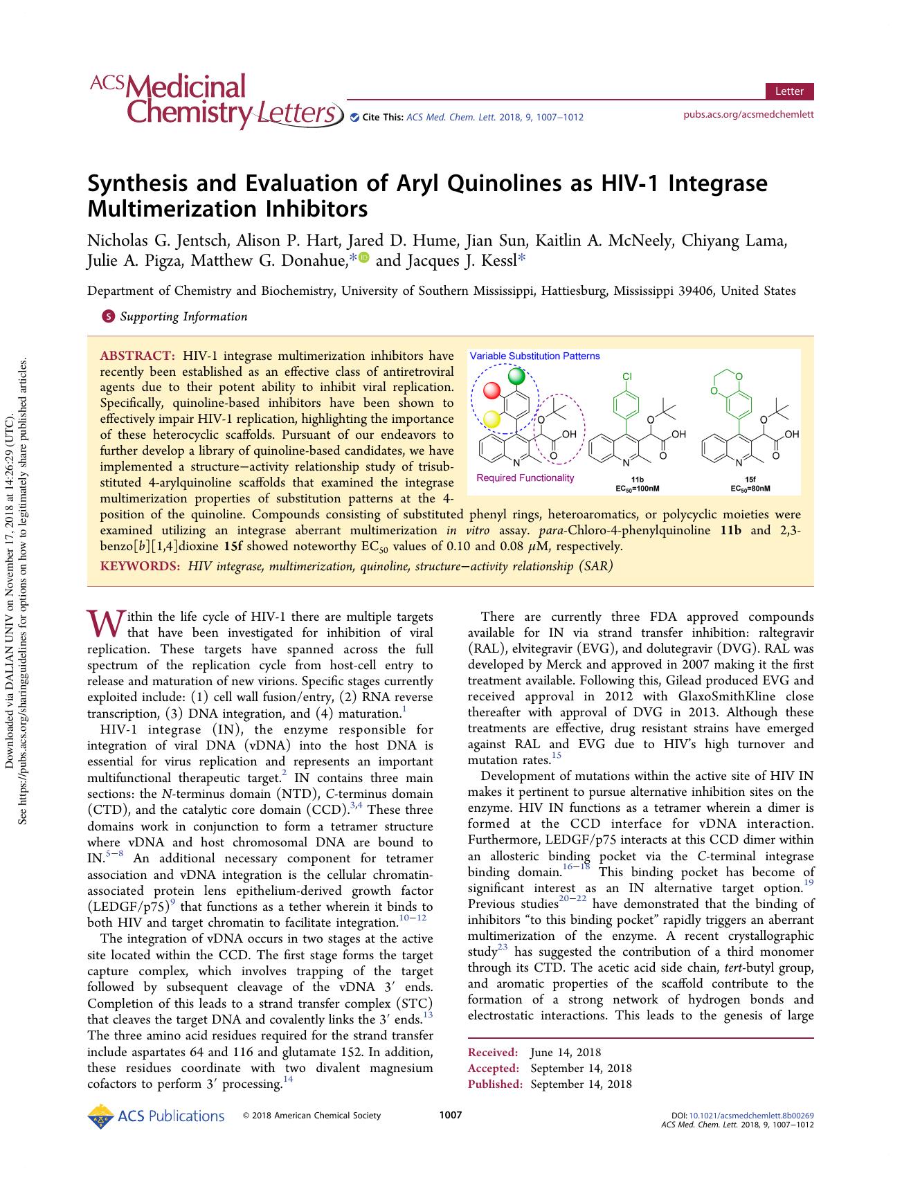Synthesis and Evaluation of Aryl Quinolines as HIV-1 Integrase Multimerization Inhibitors by unknow