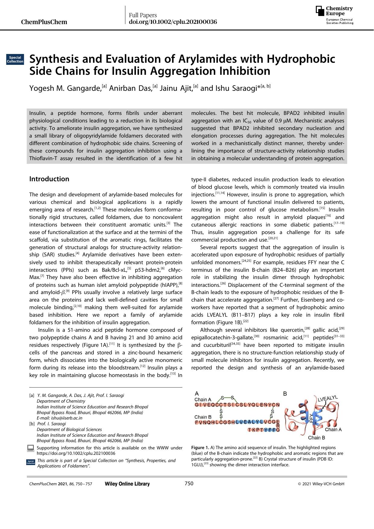 Synthesis and Evaluation of Arylamides with Hydrophobic Side Chains for Insulin Aggregation Inhibition by Unknown