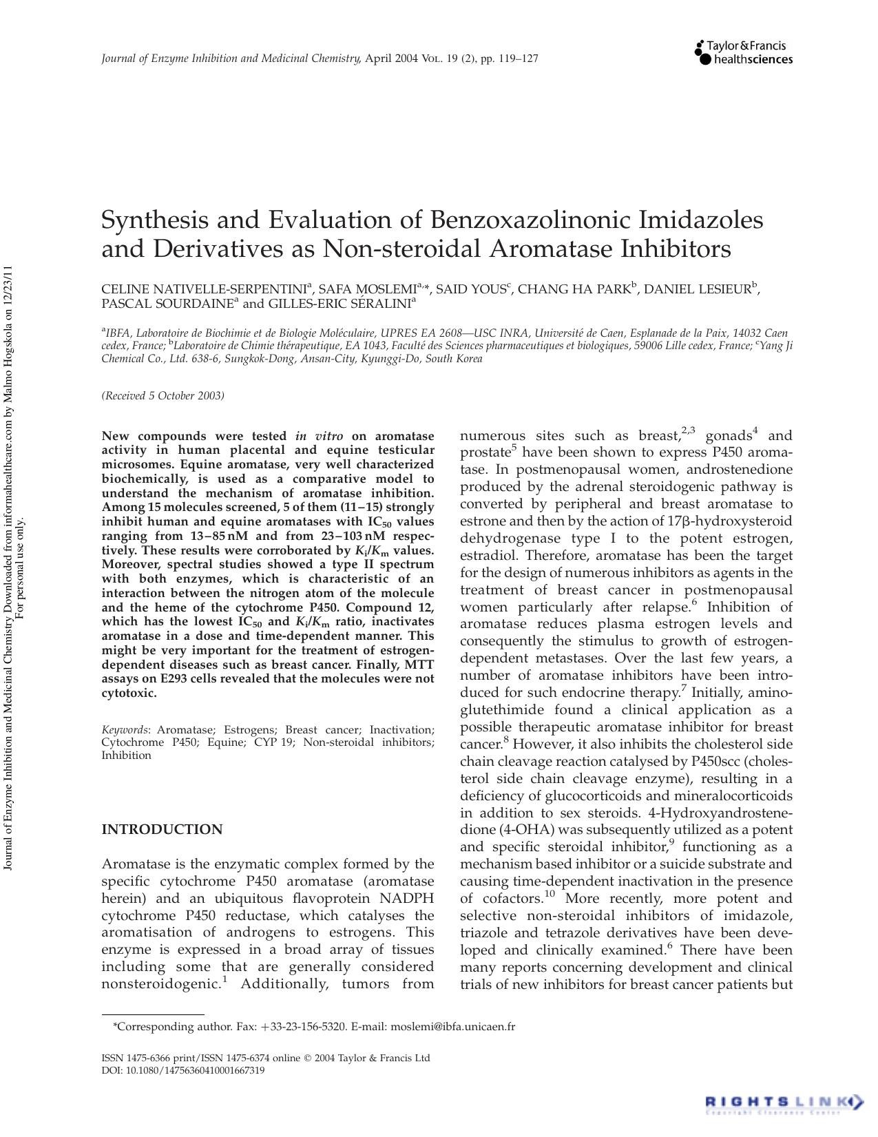 Synthesis and Evaluation of Benzoxazolinonic Imidazoles and Derivatives as Non-steroidal Aromatase Inhibitors by unknow