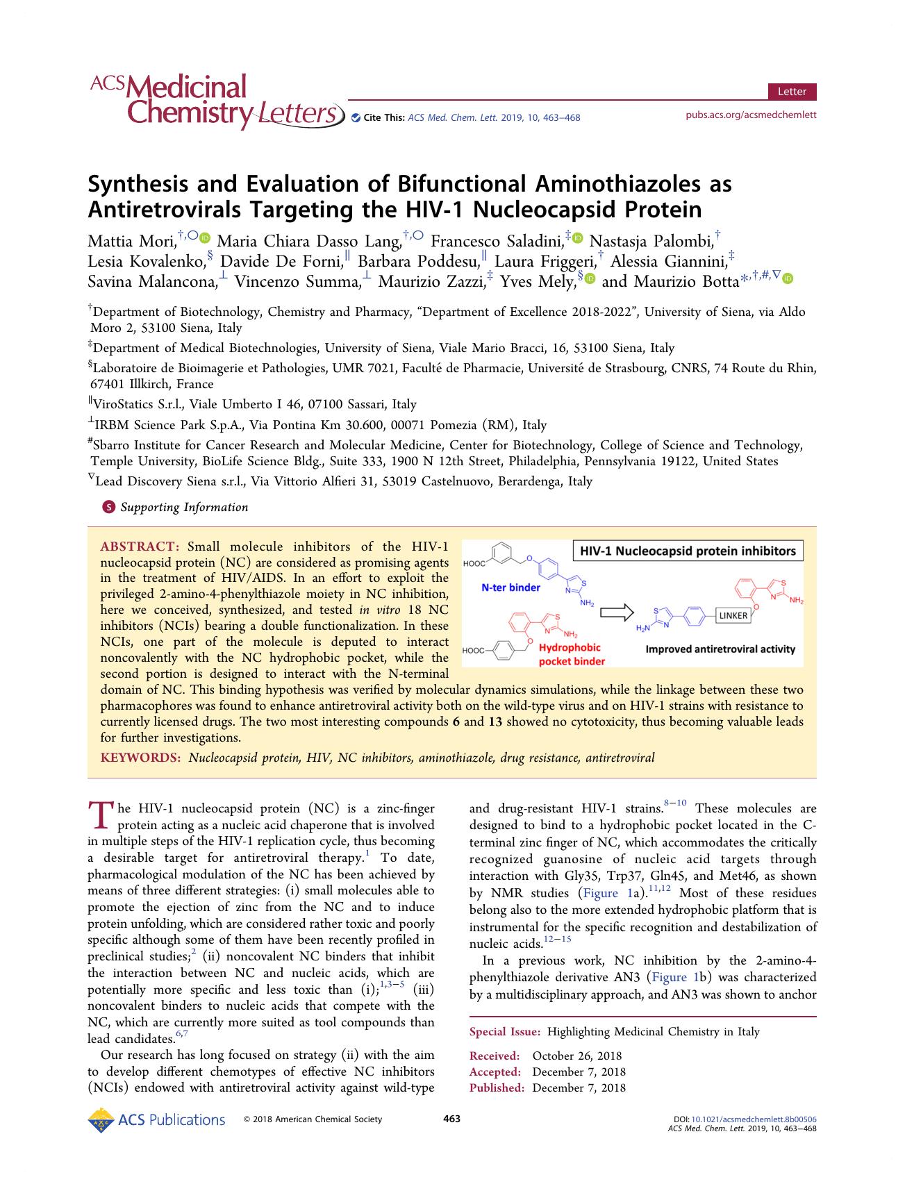Synthesis and Evaluation of Bifunctional Aminothiazoles as Antiretrovirals Targeting the HIV-1 Nucleocapsid Protein by unknow