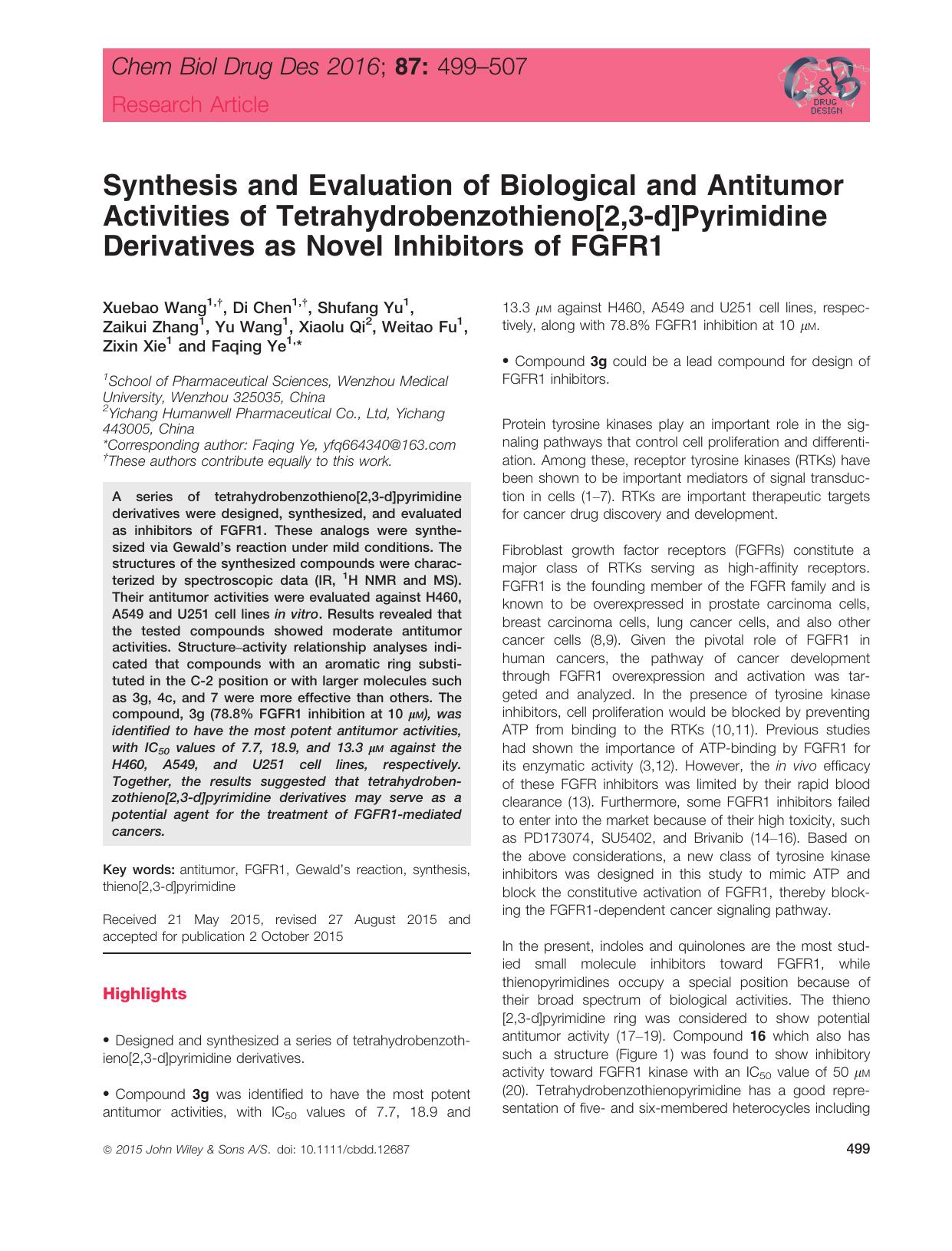 Synthesis and Evaluation of Biological and Antitumor Activities of Tetrahydrobenzothieno[2,3‐d]Pyrimidine Derivatives as Novel Inhibitors of FGFR1 by Unknown