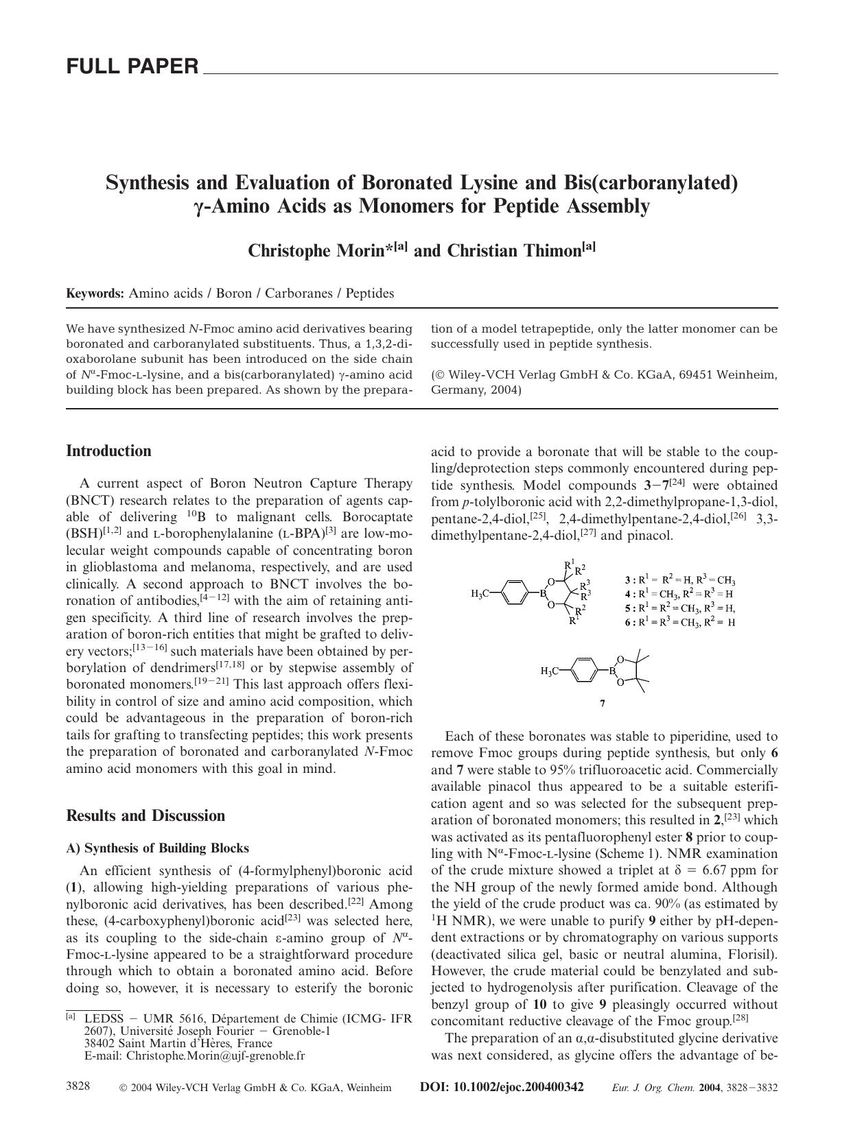 Synthesis and Evaluation of Boronated Lysine and Bis(carboranylated) [gamma]-Amino Acids as Monomers for Peptide Assembly by Unknown
