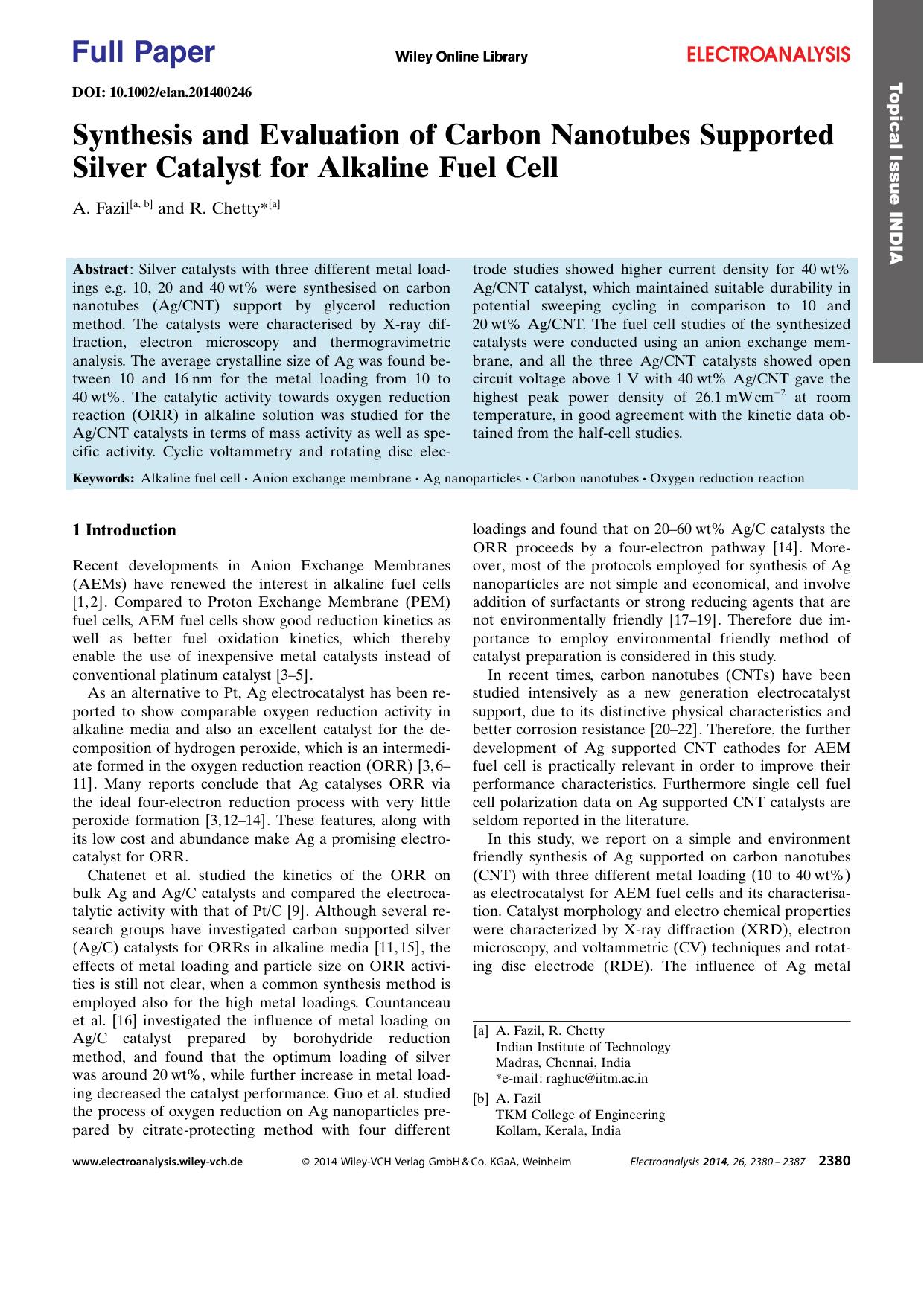 Synthesis and Evaluation of Carbon Nanotubes Supported Silver Catalyst for Alkaline Fuel Cell by Unknown