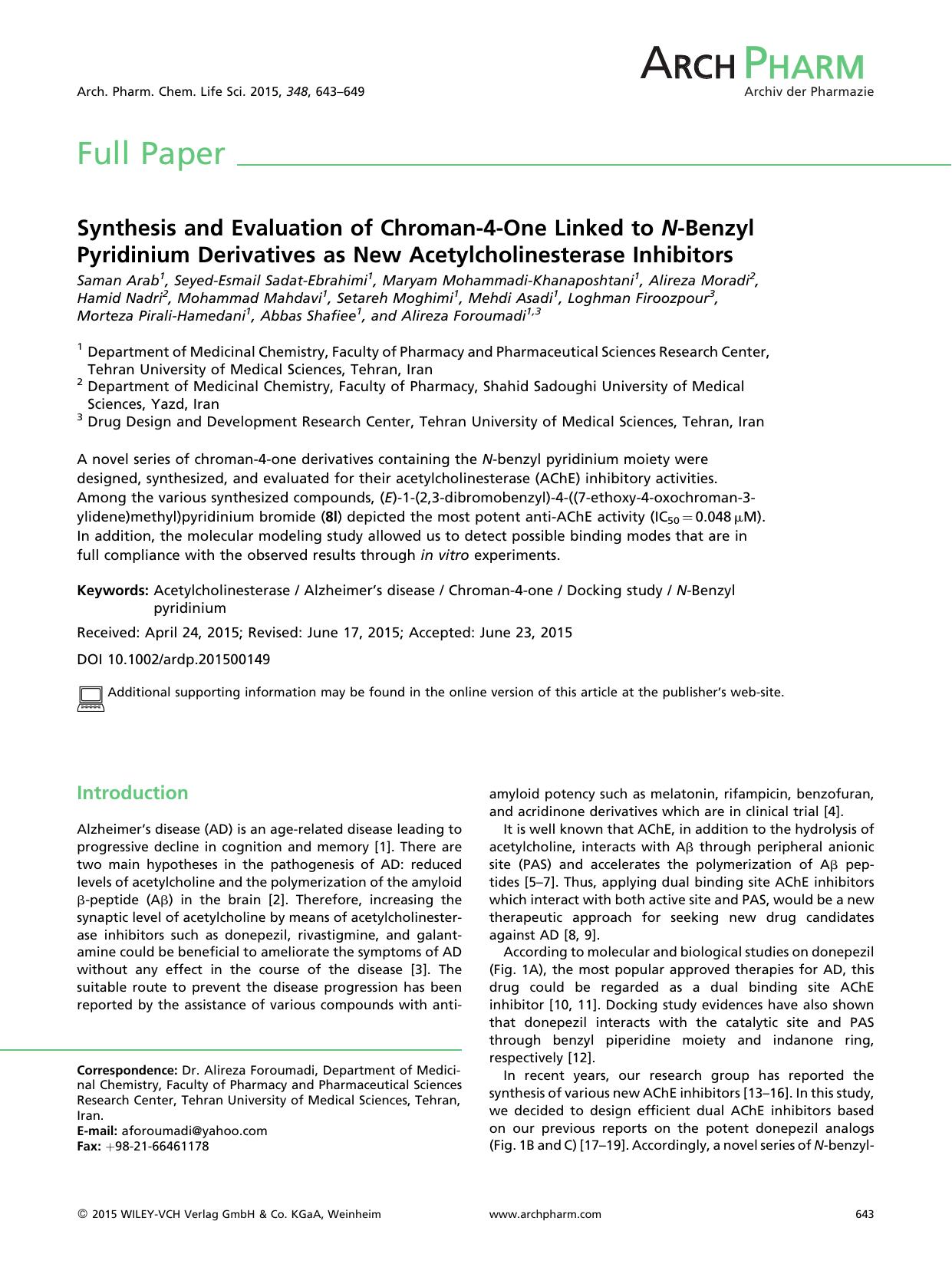 Synthesis and Evaluation of Chroman-4-One Linked to N-Benzyl Pyridinium Derivatives as New Acetylcholinesterase Inhibitors by Unknown