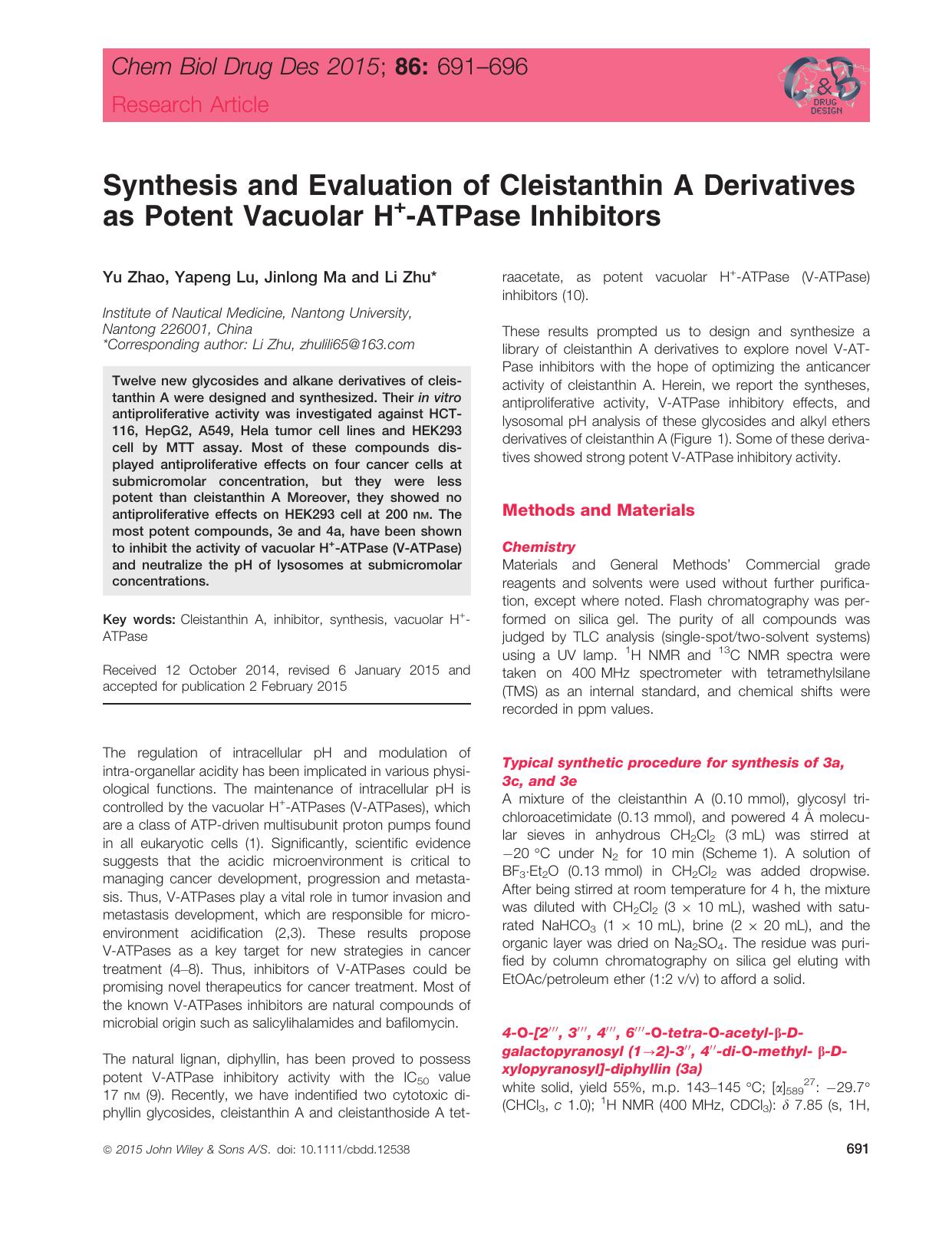 Synthesis and Evaluation of Cleistanthin A Derivatives as Potent Vacuolar H+‐ATPase Inhibitors by unknow