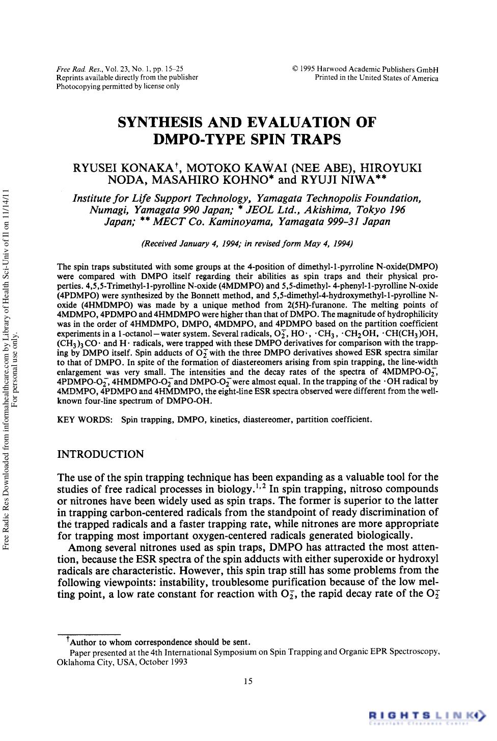 Synthesis and Evaluation of DMPO-Type Spin Traps by Ryusei Konaka1 23 Motoko Kawai1 23 Hiroyuki Noda1 23 Masahiro Kohno1 23 & Ryuji Niwa1 23