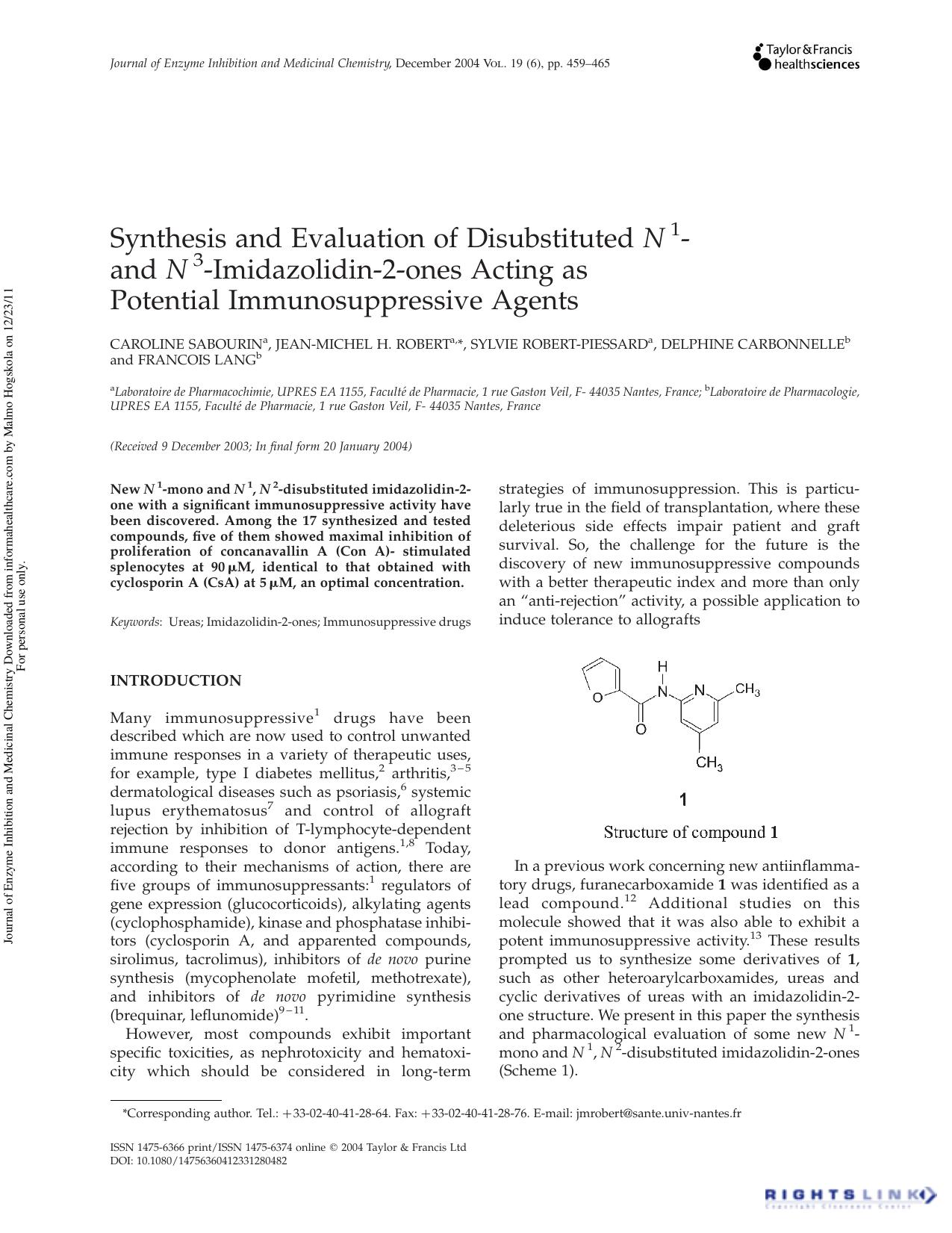 Synthesis and Evaluation of Disubstituted N1- and N3-Imidazolidin-2-ones Acting as Potential Immunosuppressive Agents by unknow