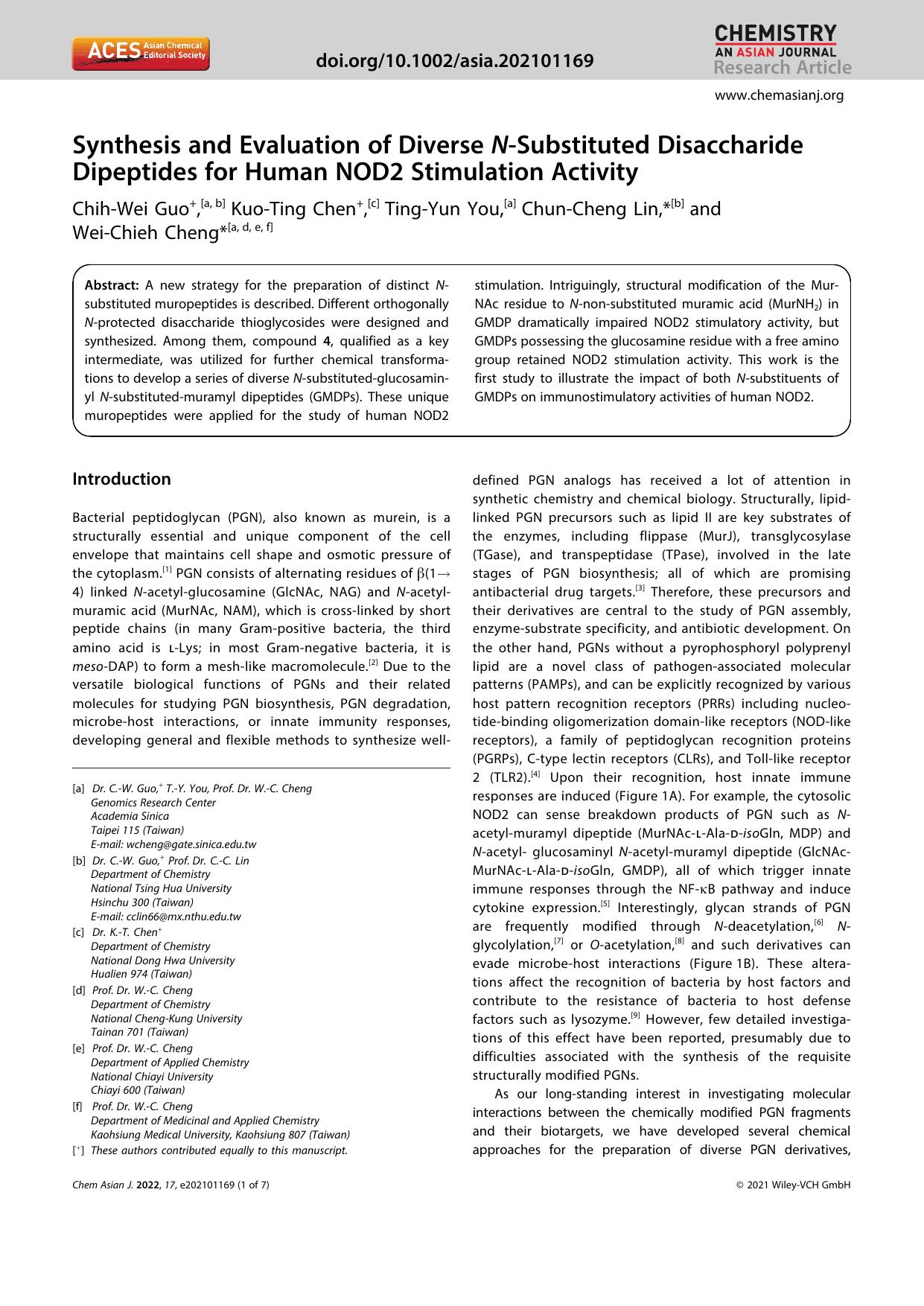Synthesis and Evaluation of Diverse NâSubstituted Disaccharide Dipeptides for Human NOD2 Stimulation Activity by Unknown