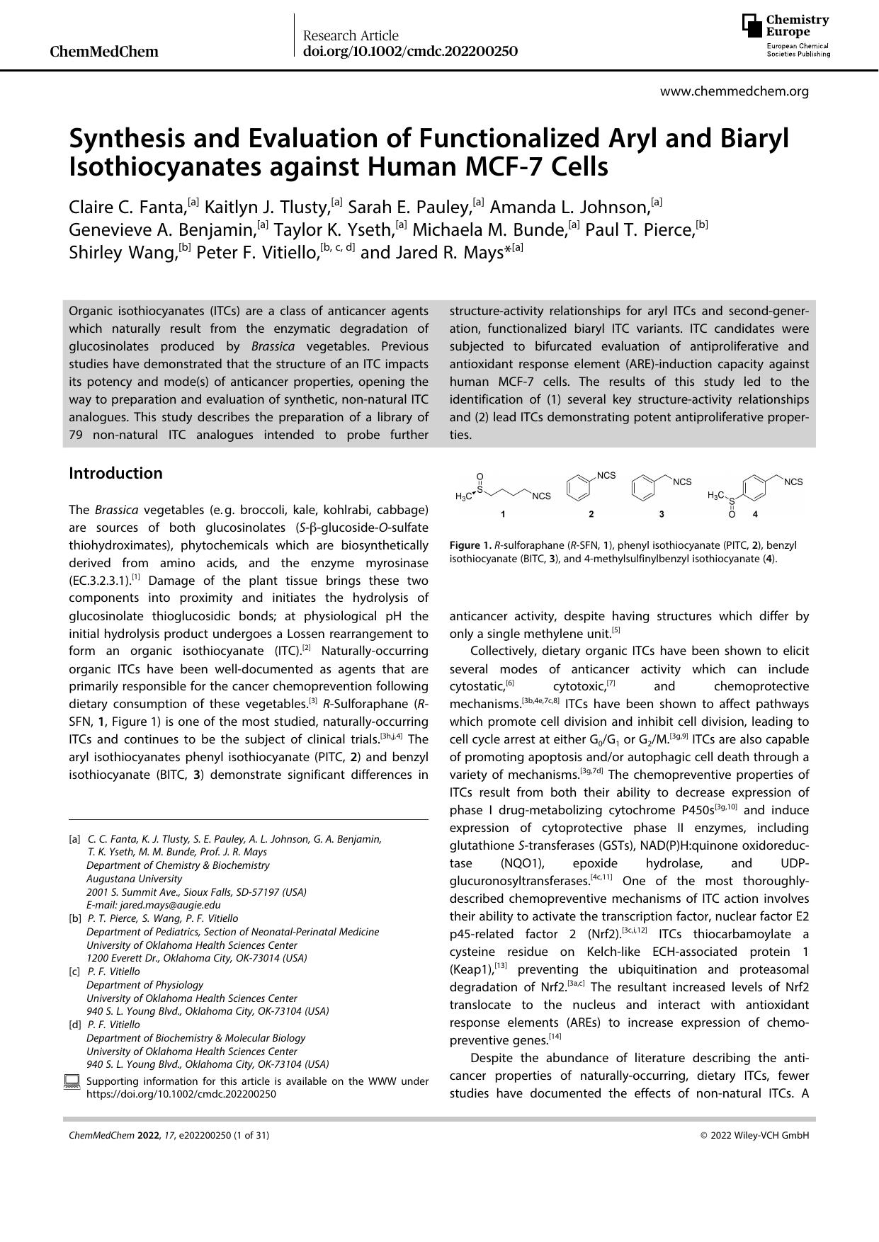 Synthesis and Evaluation of Functionalized Aryl and Biaryl Isothiocyanates against Human MCFâ7 Cells by Unknown