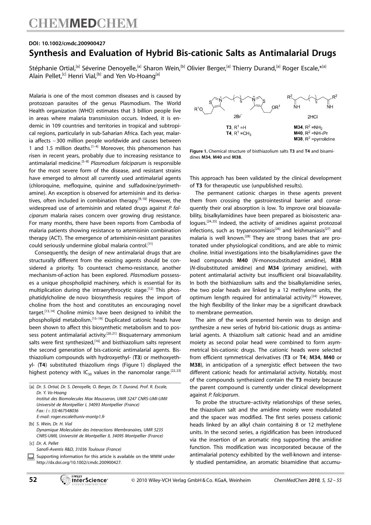 Synthesis and Evaluation of Hybrid Bis-cationic Salts as Antimalarial Drugs by Unknown
