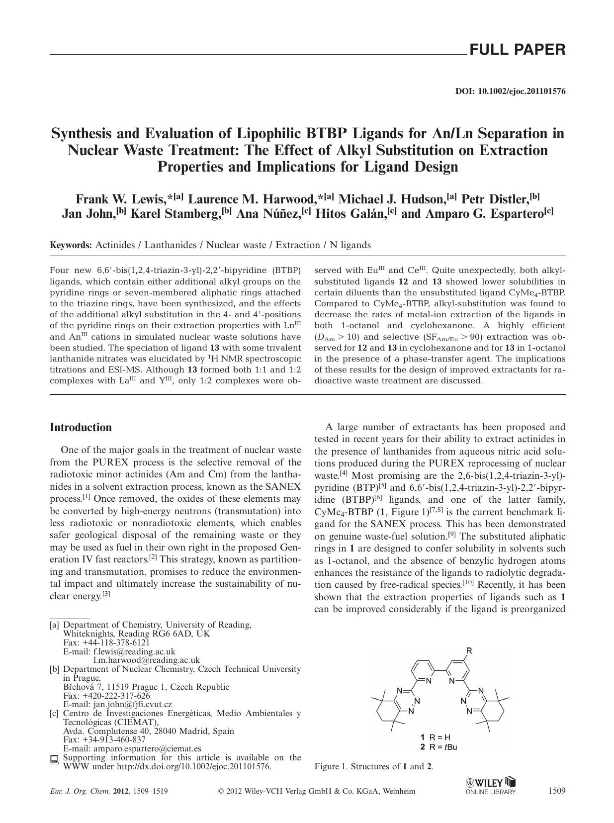 Synthesis and Evaluation of Lipophilic BTBP Ligands for AnLn Separation in Nuclear Waste Treatment: The Effect of Alkyl Substitution on Extraction Properties and Implications for Ligand Design by Unknown