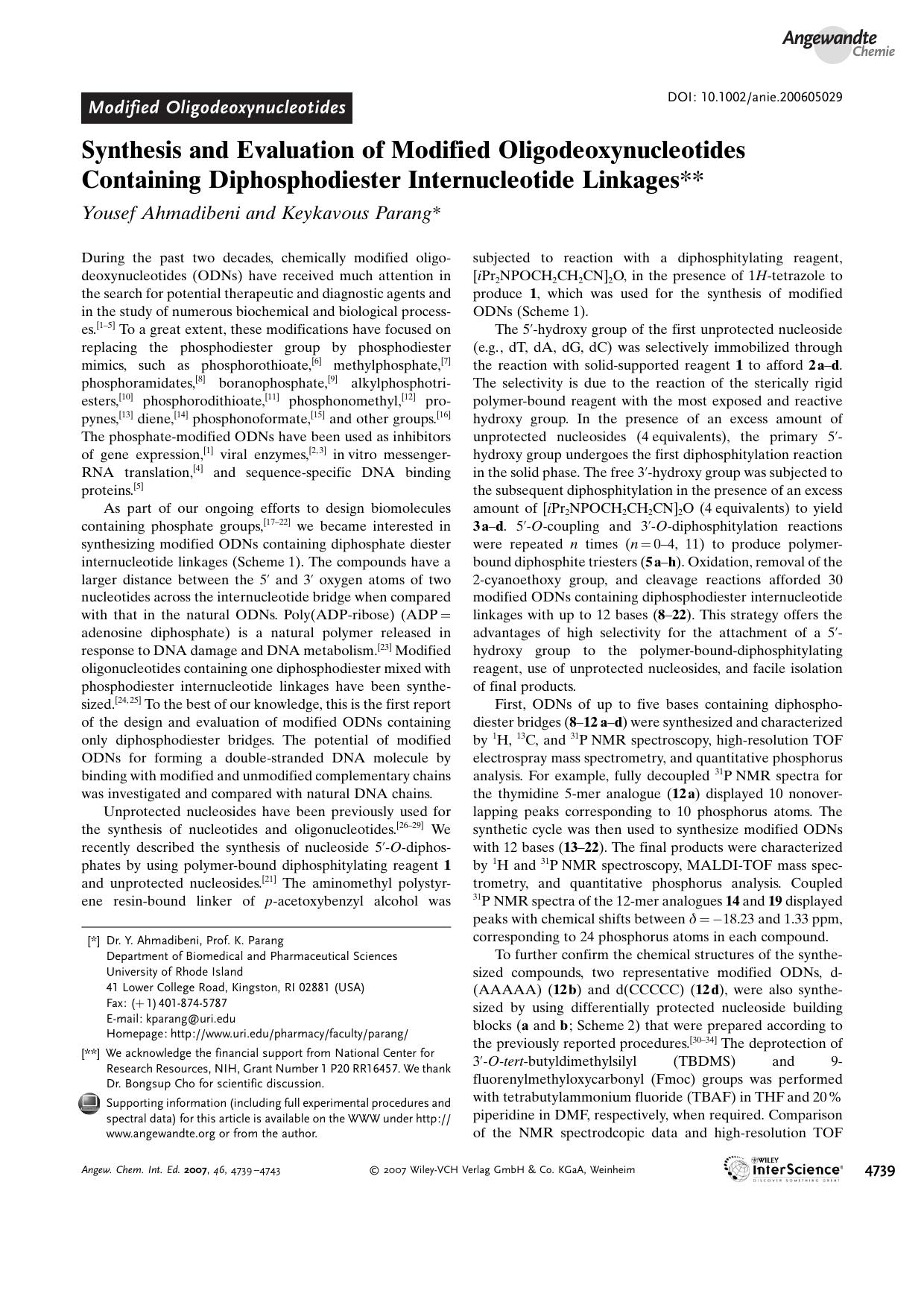 Synthesis and Evaluation of Modified Oligodeoxynucleotides Containing Diphosphodiester Internucleotide Linkages by Unknown