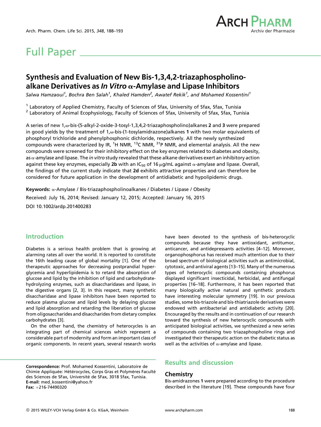 Synthesis and Evaluation of New Bis-1,3,4,2-triazaphospholinoalkane Derivatives as In Vitro α-Amylase and Lipase Inhibitors by Unknown