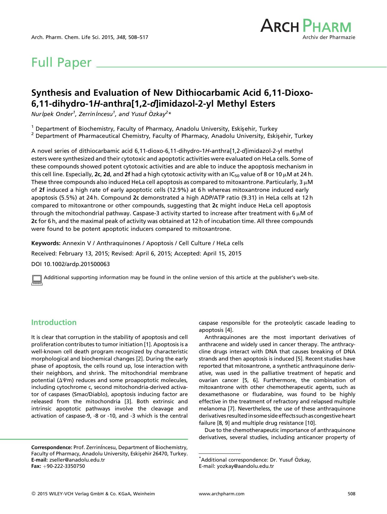 Synthesis and Evaluation of New Dithiocarbamic Acid 6,11-Dioxo-6,11-dihydro-1H-anthra[1,2-d]-imidazol-2-yl Methyl Esters by Unknown