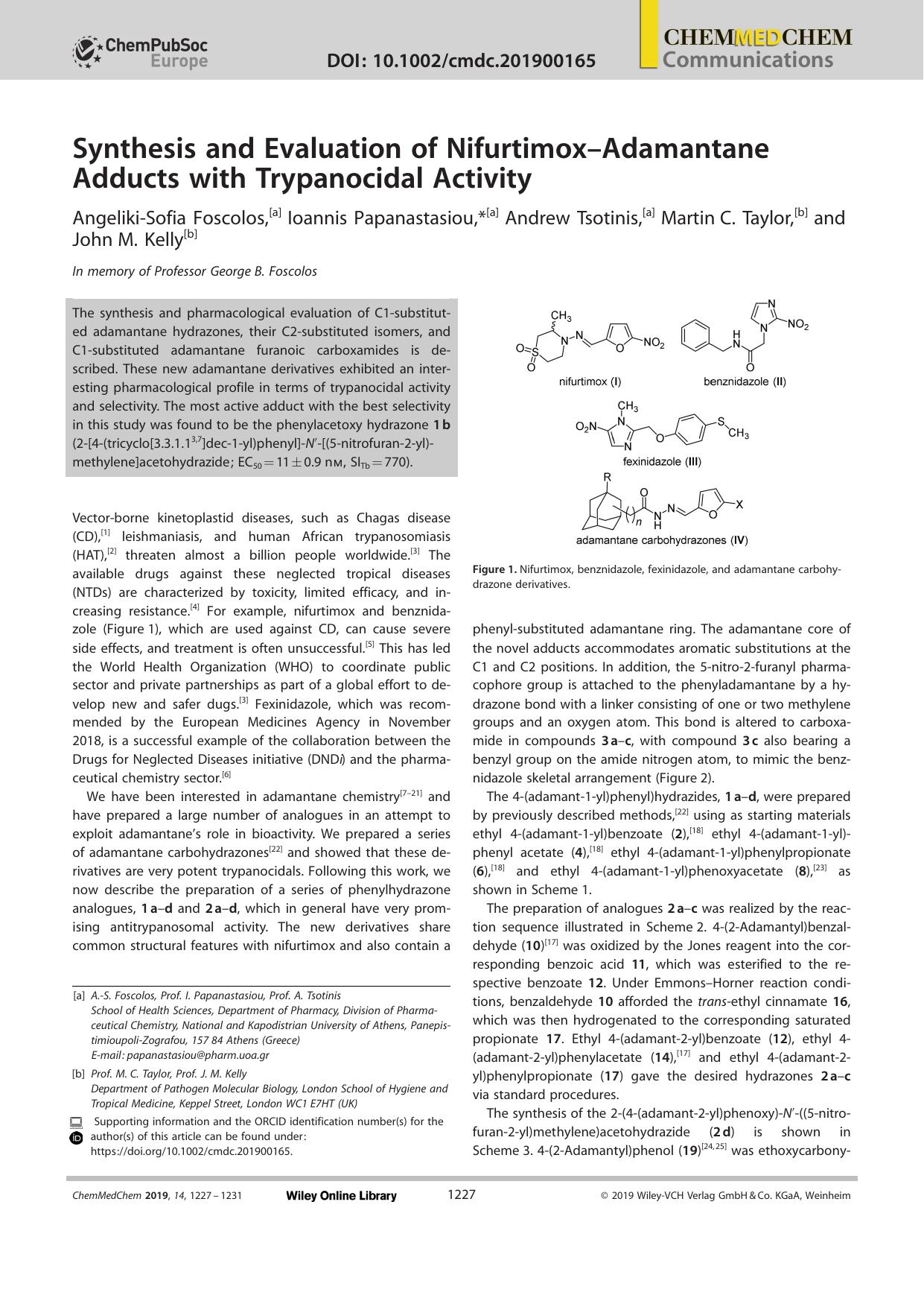 Synthesis and Evaluation of NifurtimoxâAdamantane Adducts with Trypanocidal Activity by Unknown