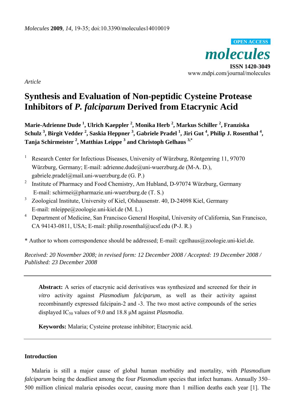 Synthesis and Evaluation of Non-peptidic Cysteine Protease Inhibitors of P. falciparum Derived from Etacrynic Acid by unknow