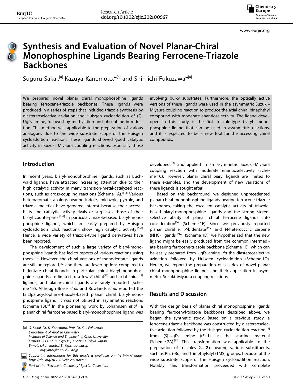 Synthesis and Evaluation of Novel PlanarâChiral Monophosphine Ligands Bearing FerroceneâTriazole Backbones by Unknown