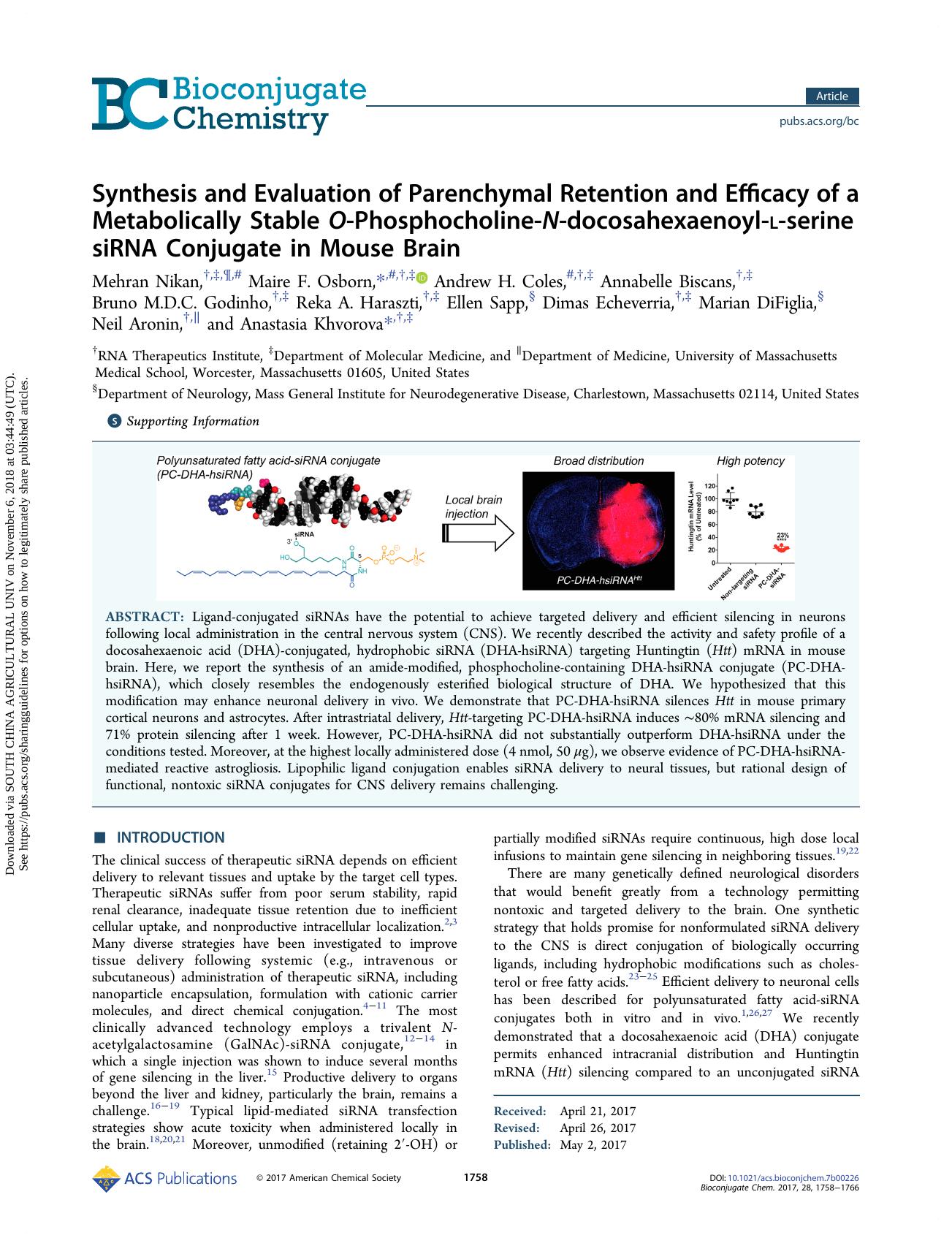 Synthesis and Evaluation of Parenchymal Retention and Efficacy of a Metabolically Stable O-Phosphocholine-N-docosahexaenoyl-l-serine siRNA Conjugate in Mouse Brain by unknow