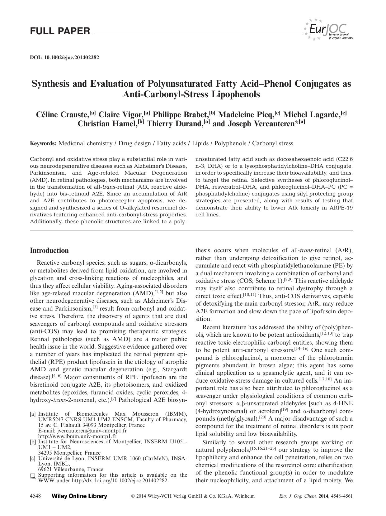 Synthesis and Evaluation of Polyunsaturated Fatty AcidPhenol Conjugates as AntiCarbonylStress Lipophenols by Unknown