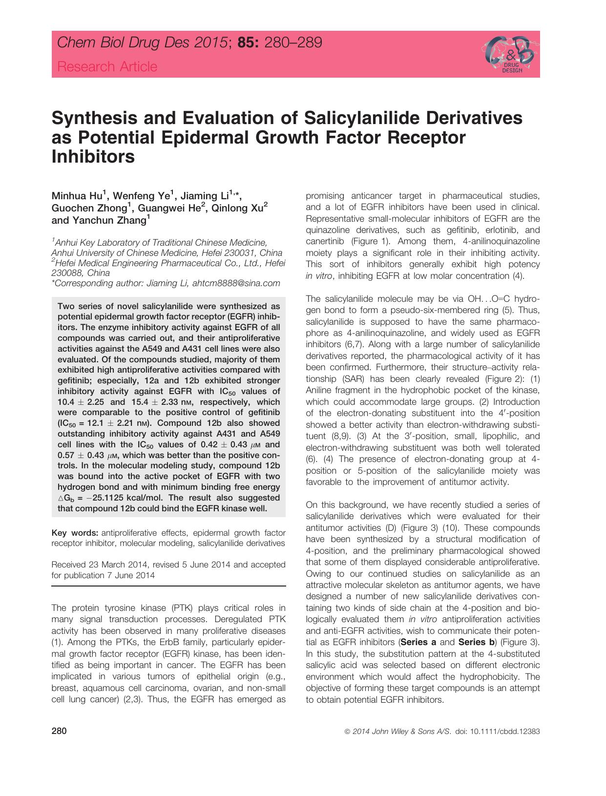 Synthesis and Evaluation of Salicylanilide Derivatives as Potential Epidermal Growth Factor Receptor Inhibitors by unknow