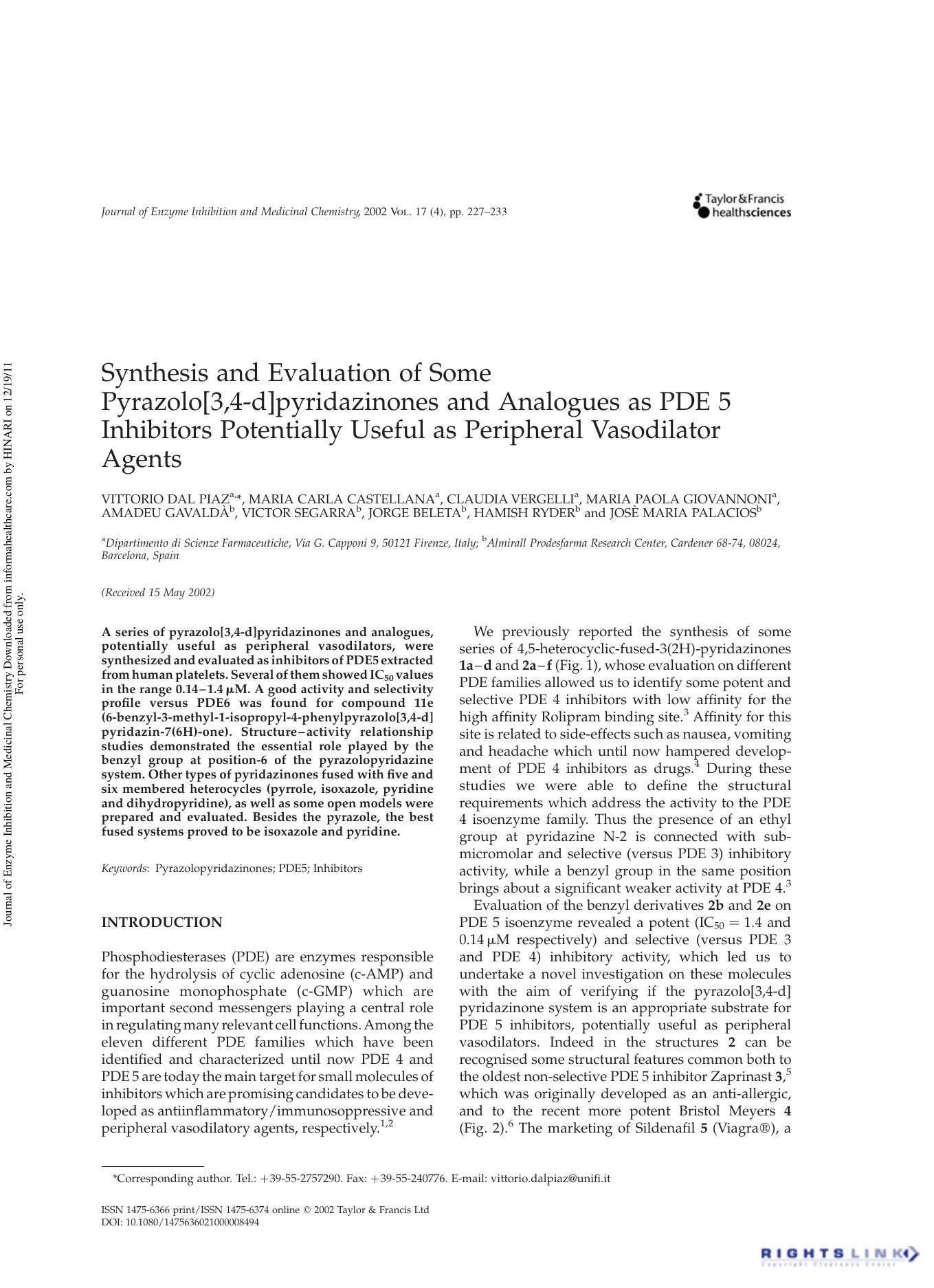 Synthesis and Evaluation of Some Pyrazolo[3,4-d]pyridazinones and Analogues as PDE 5 Inhibitors Potentially Useful as Peripheral Vasodilator Agents by unknow