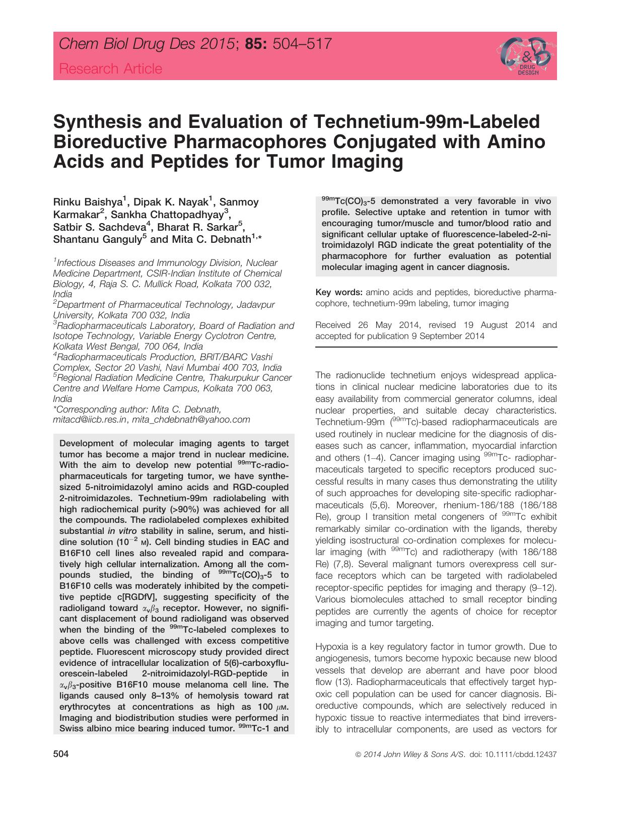 Synthesis and Evaluation of Technetium‐99m‐Labeled Bioreductive Pharmacophores Conjugated with Amino Acids and Peptides for Tumor Imaging by unknow