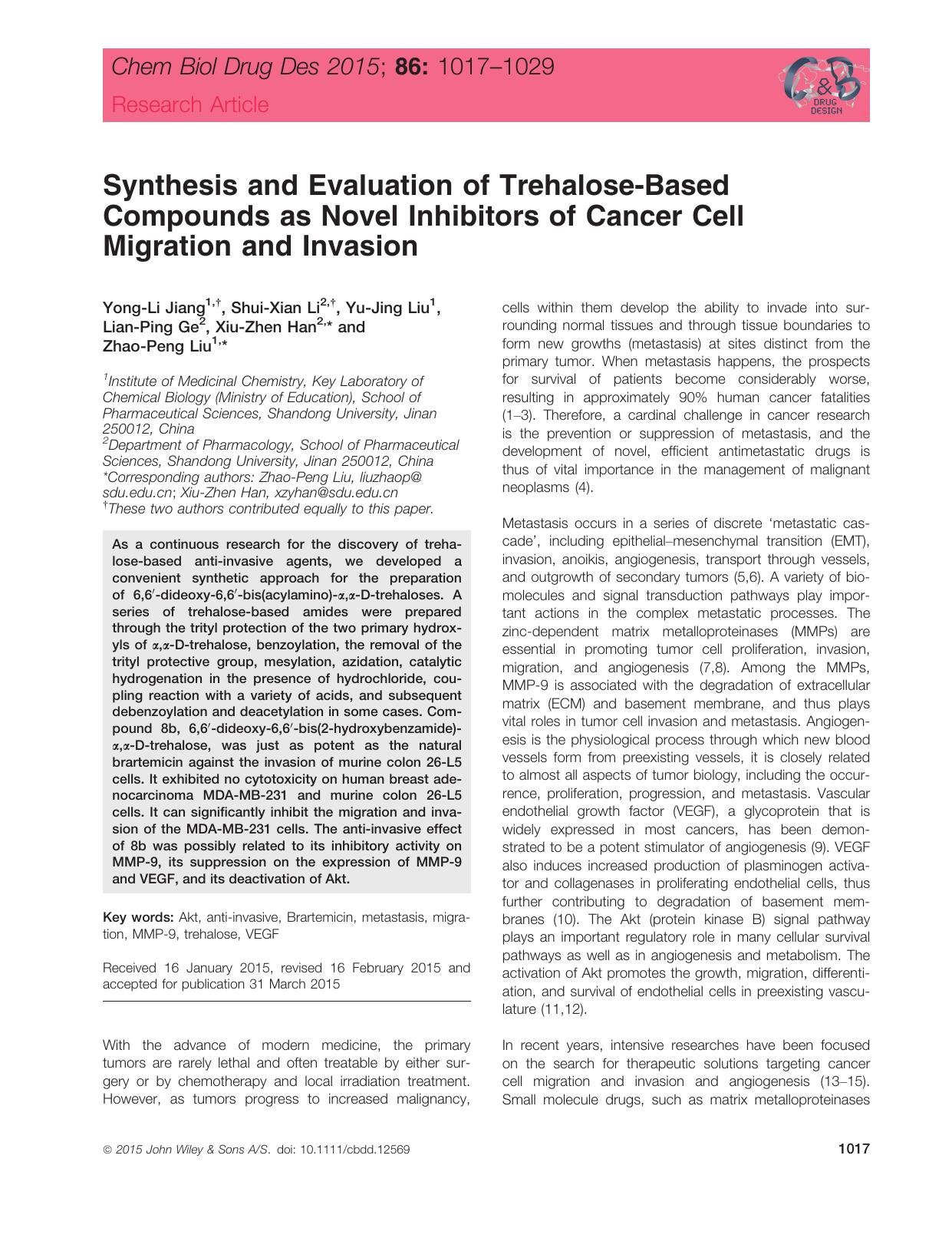 Synthesis and Evaluation of Trehalose‐Based Compounds as Novel Inhibitors of Cancer Cell Migration and Invasion by unknow
