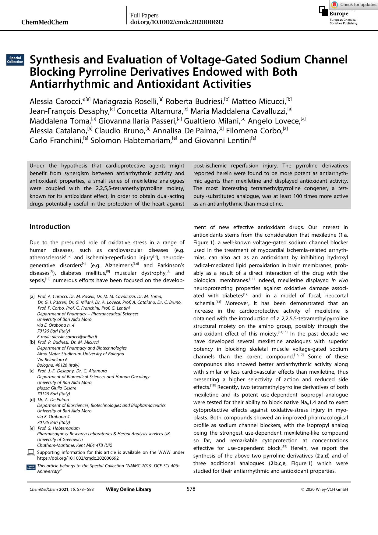 Synthesis and Evaluation of VoltageâGated Sodium Channel Blocking Pyrroline Derivatives Endowed with Both Antiarrhythmic and Antioxidant Activities by Unknown