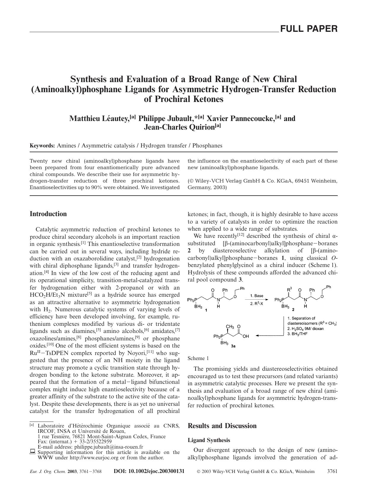Synthesis and Evaluation of a Broad Range of New Chiral (Aminoalkyl)phosphane Ligands for Asymmetric Hydrogen-Transfer Reduction of Prochiral Ketones by Unknown