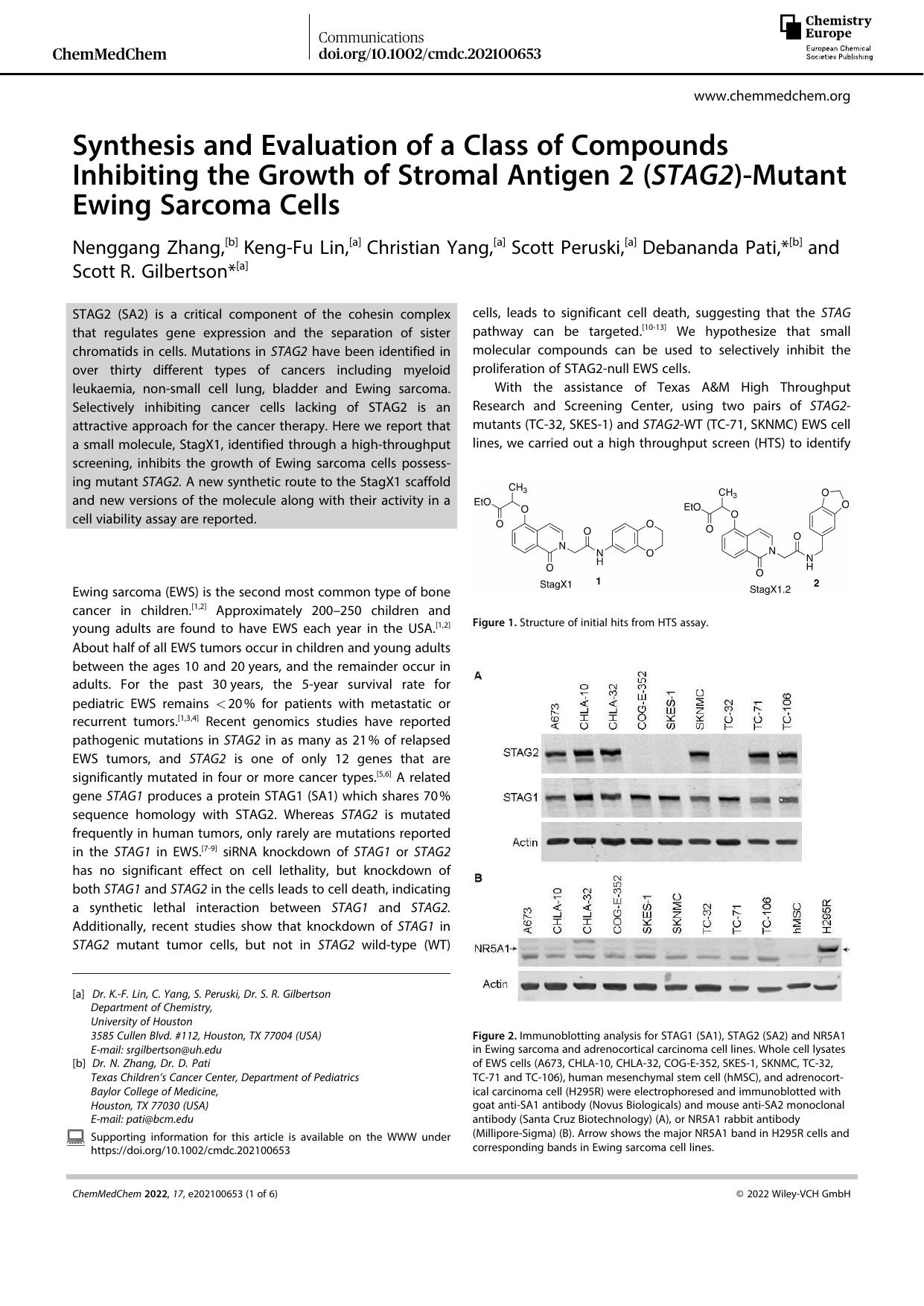 Synthesis and Evaluation of a Class of Compounds Inhibiting the Growth of Stromal Antigen 2 (STAG2)âMutant Ewing Sarcoma Cells by Unknown
