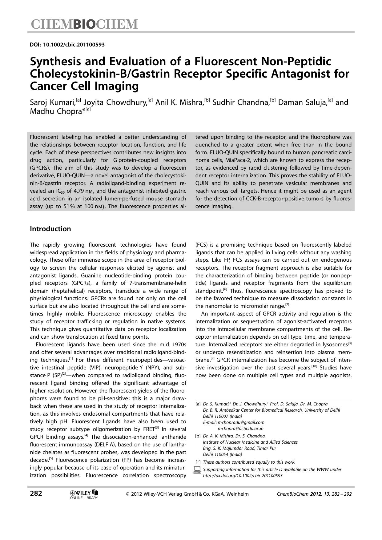 Synthesis and Evaluation of a Fluorescent NonPeptidic CholecystokininBGastrin Receptor Specific Antagonist for Cancer Cell Imaging by Unknown