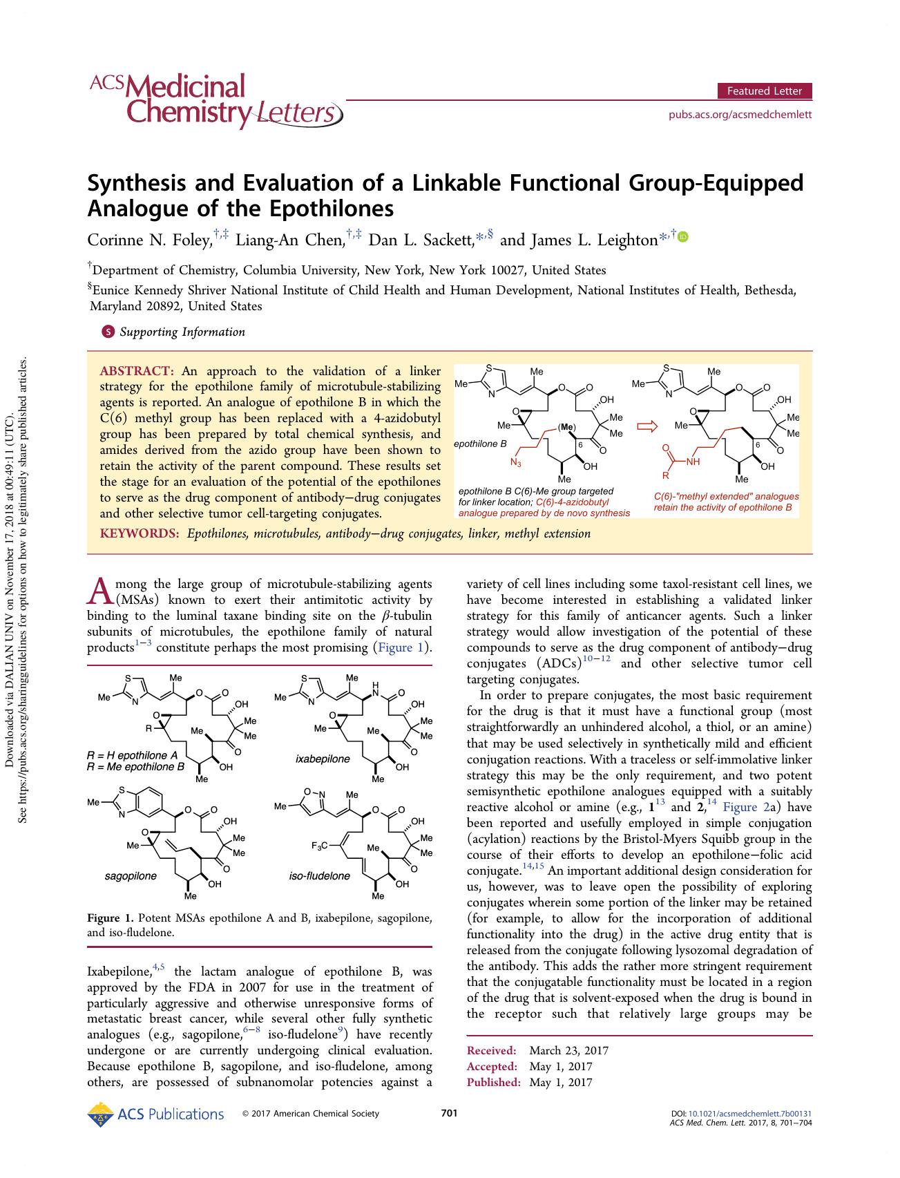 Synthesis and Evaluation of a Linkable Functional Group-Equipped Analogue of the Epothilones by Corinne N. Foley Liang-An Chen Dan L. Sackett & James L. Leighton