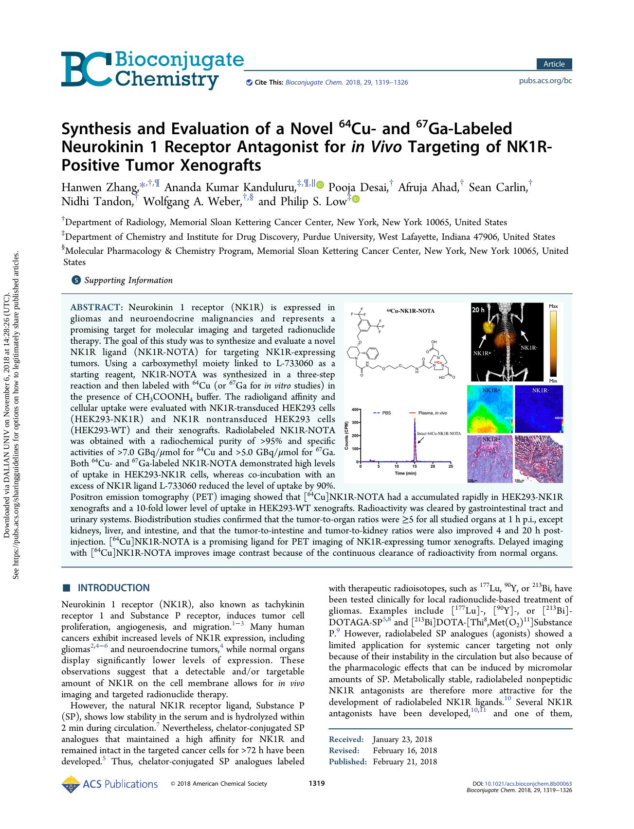 Synthesis and Evaluation of a Novel 64Cu- and 67Ga-Labeled Neurokinin 1 Receptor Antagonist for in Vivo Targeting of NK1R-Positive Tumor Xenografts by unknow