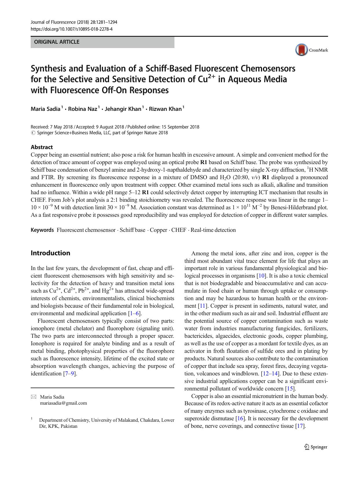 Synthesis and Evaluation of a Schiff-Based Fluorescent Chemosensors for the Selective and Sensitive Detection of Cu2+ in Aqueous Media with Fluorescence Off-On Responses by Maria Sadia & Robina Naz & Jehangir Khan & Rizwan Khan
