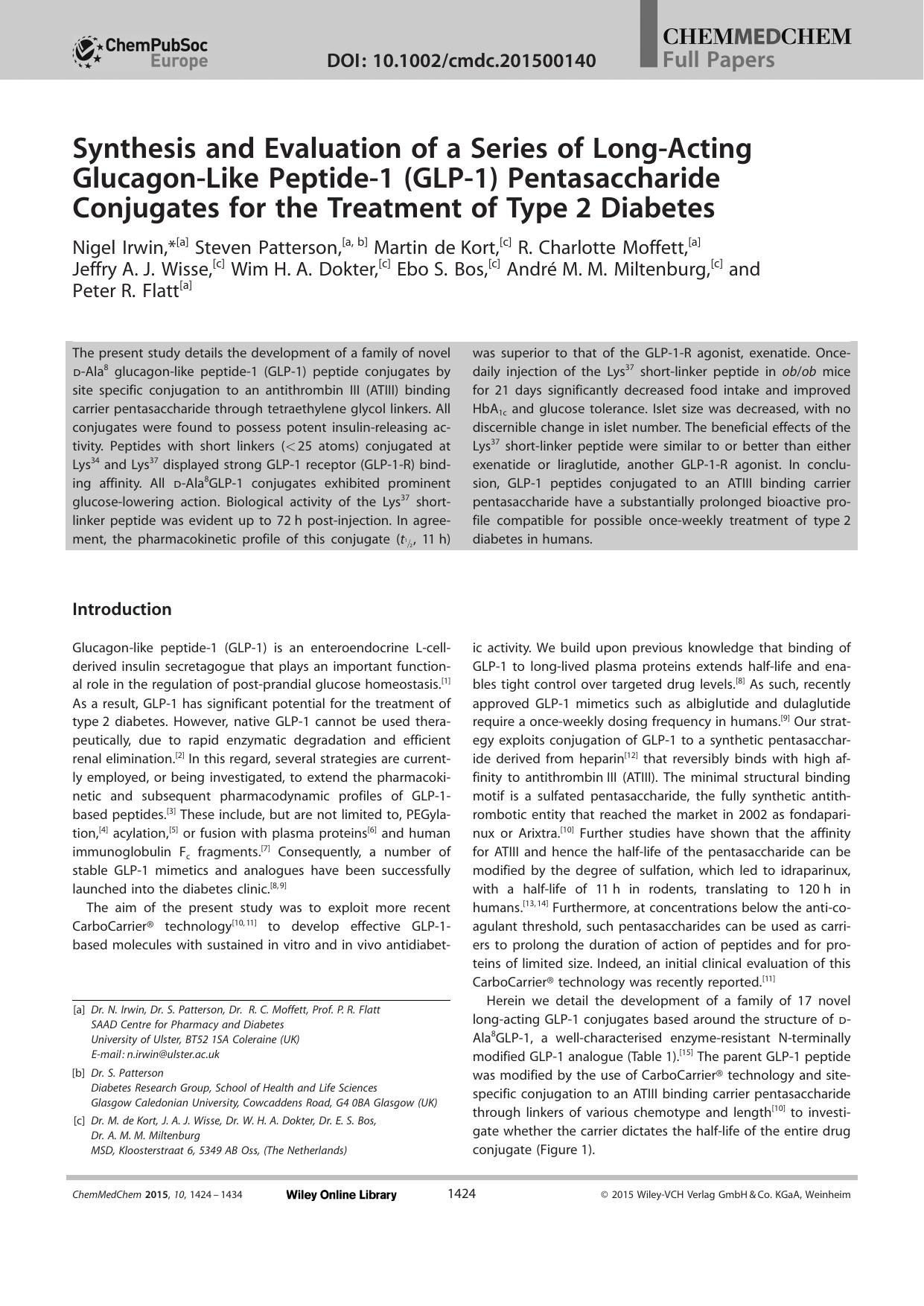 Synthesis and Evaluation of a Series of LongActing GlucagonLike Peptide1 (GLP1) Pentasaccharide Conjugates for the Treatment of Type2 Diabetes by Unknown
