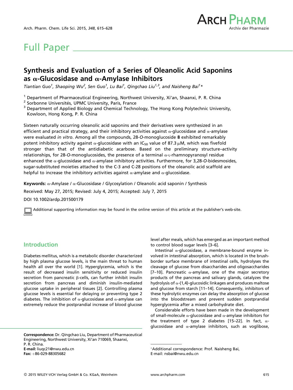 Synthesis and Evaluation of a Series of Oleanolic Acid Saponins as α-Glucosidase and α-Amylase Inhibitors by Unknown