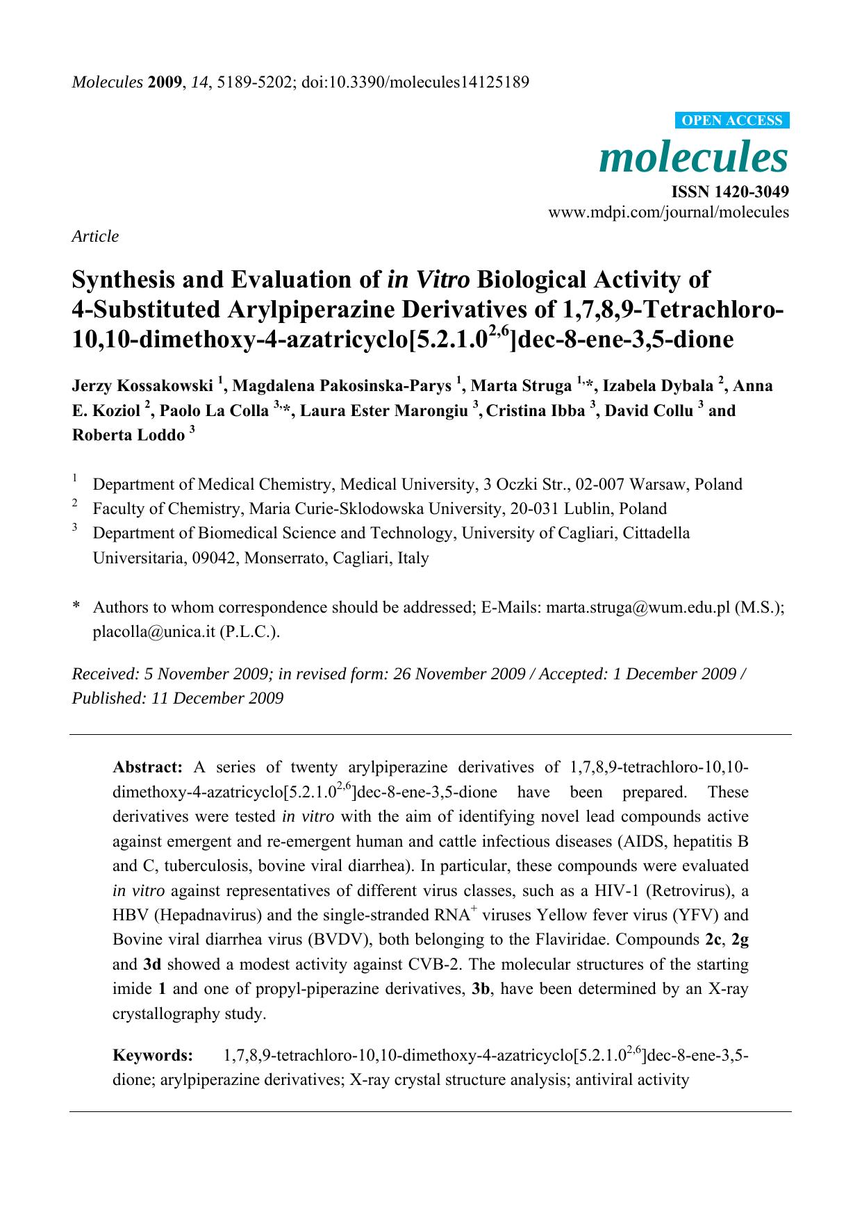 Synthesis and Evaluation of in Vitro Biological Activity of 4-Substituted Arylpiperazine Derivatives of 1,7,8,9-Tetrachloro-10,10-dimethoxy-4-azatricyclo[5.2.1.02,6]dec-8-ene-3,5-dione by unknow