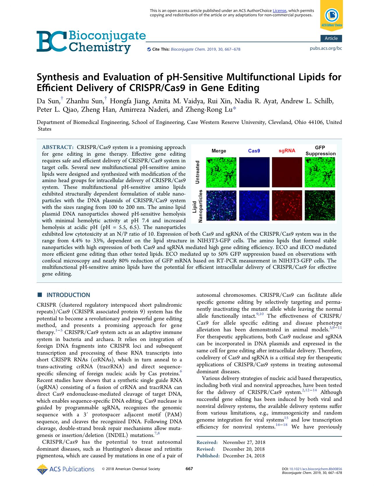 Synthesis and Evaluation of pH-Sensitive Multifunctional Lipids for Efficient Delivery of CRISPRCas9 in Gene Editing by unknow