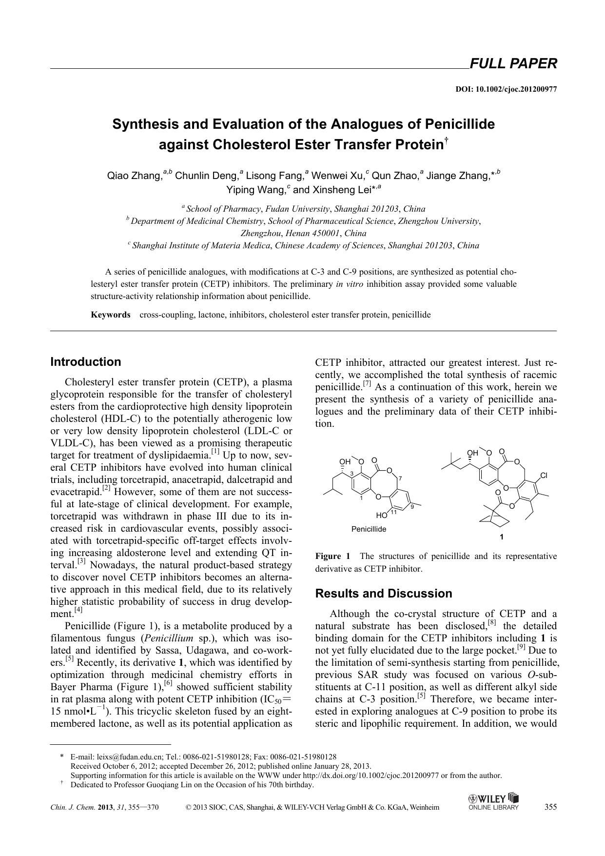 Synthesis and Evaluation of the Analogues of Penicillide against Cholesterol Ester Transfer Protein by Administrator