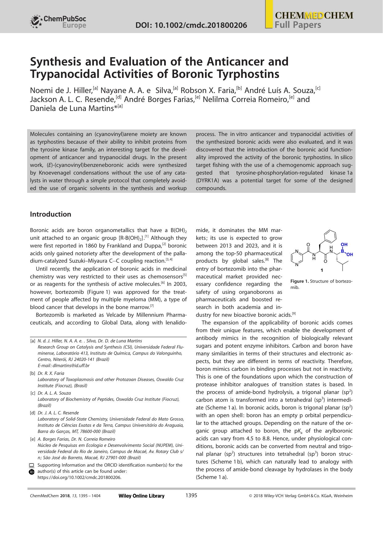 Synthesis and Evaluation of the Anticancer and Trypanocidal Activities of Boronic Tyrphostins by Unknown