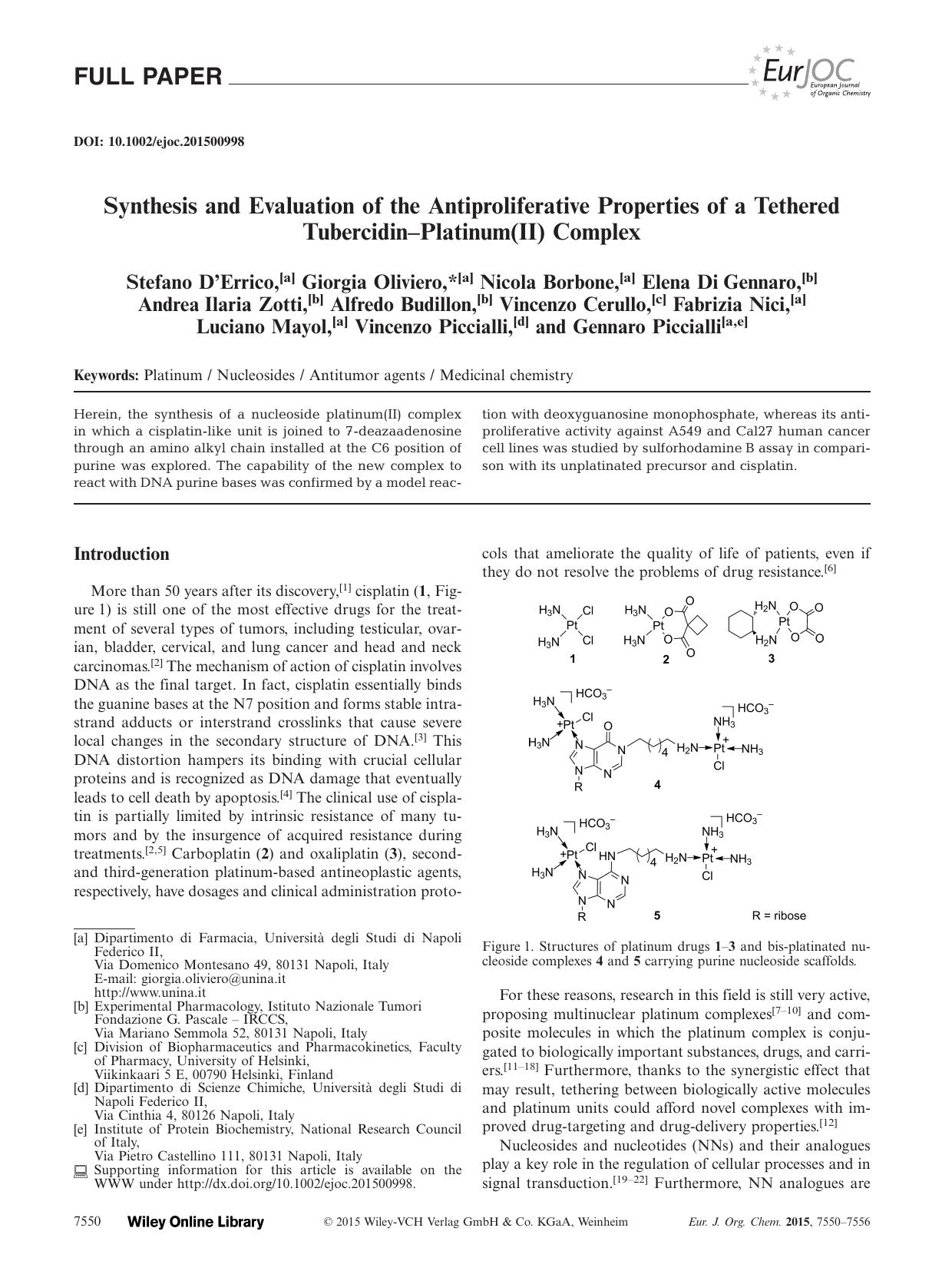 Synthesis and Evaluation of the Antiproliferative Properties of a Tethered TubercidinPlatinum(II) Complex by Unknown