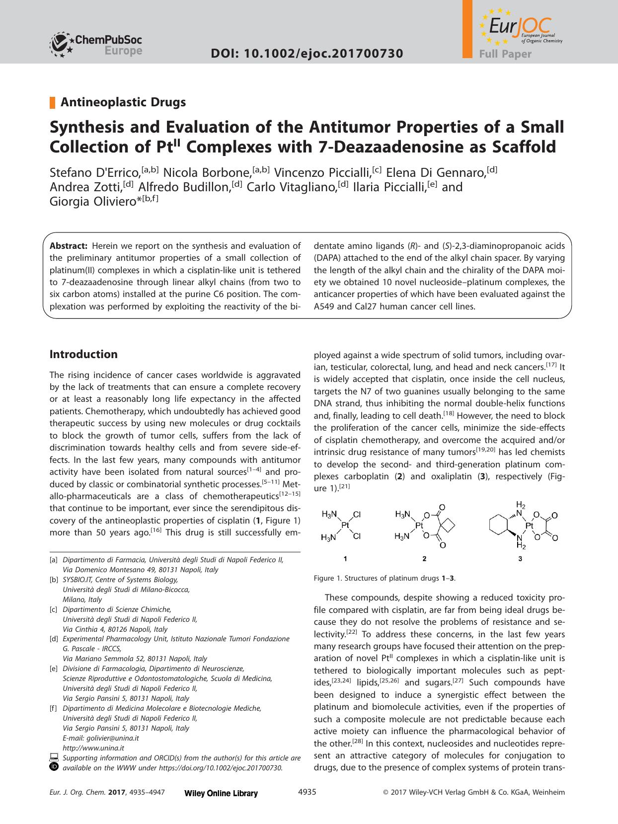 Synthesis and Evaluation of the Antitumor Properties of a Small Collection of Pt<sup>II<sup> Complexes with 7‐Deazaadenosine as Scaffold by Unknown