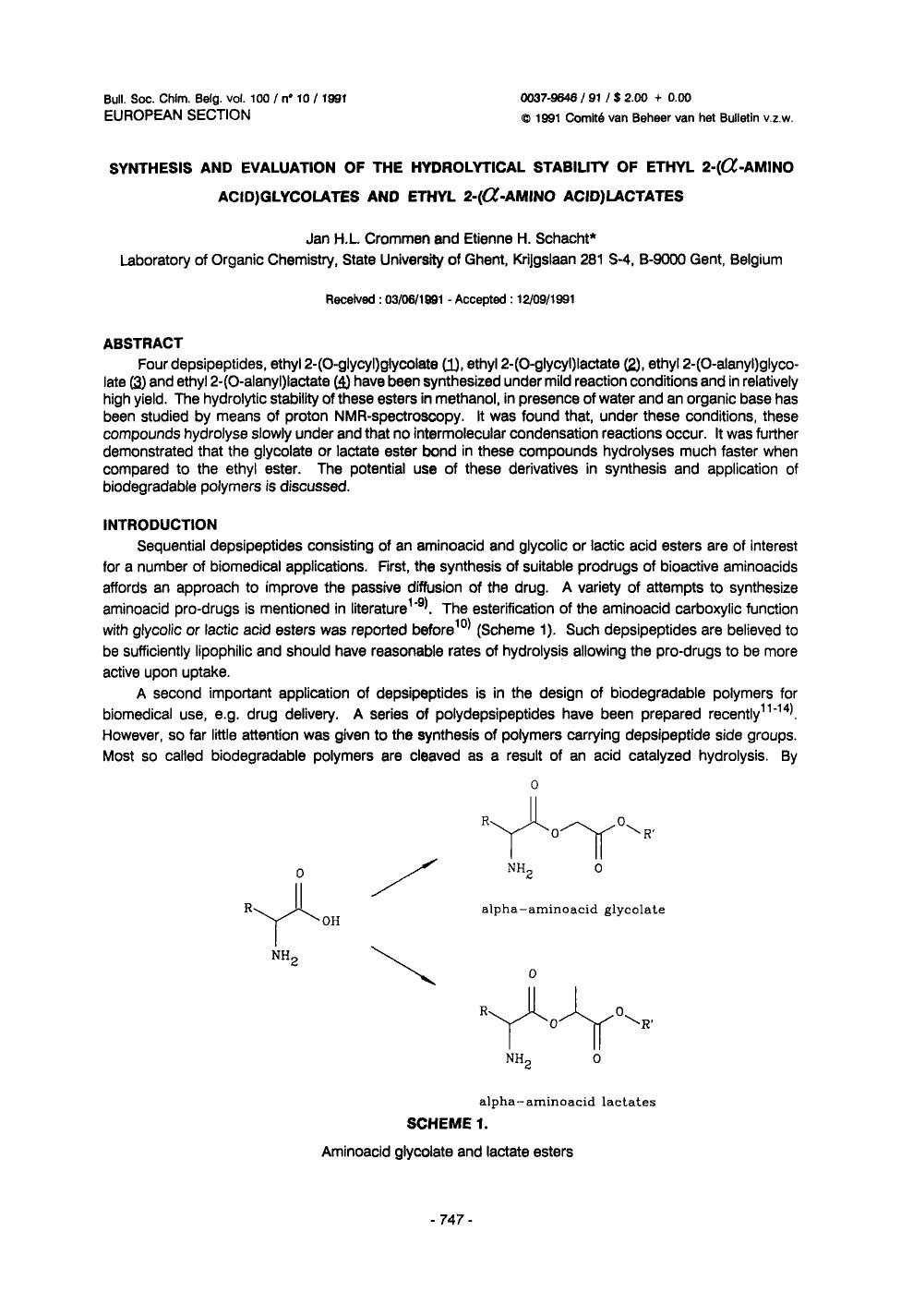 Synthesis and Evaluation of the Hydrolytical Stability of Ethyl 2(Amino acid)Glycolates and Ethyl 2(Amino Acid)Lactates by Unknown