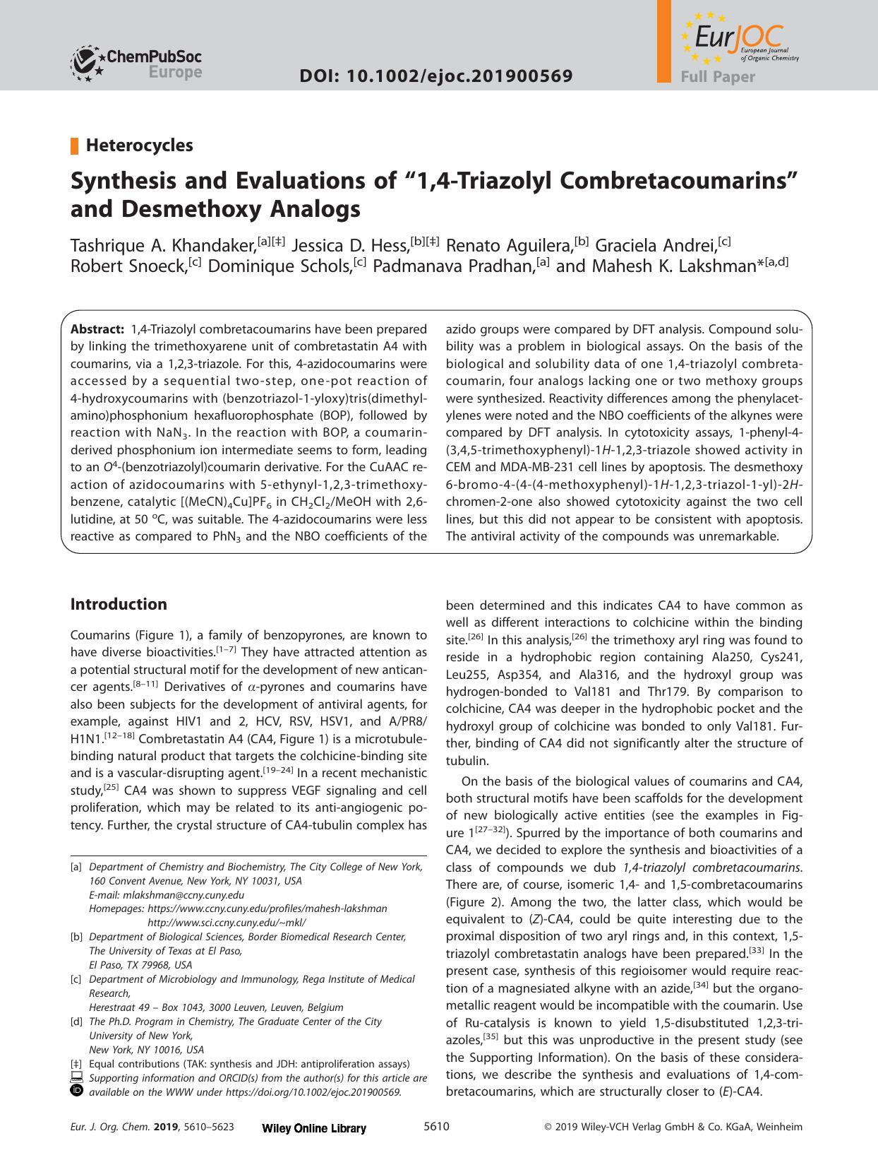 Synthesis and Evaluations of “1,4‐Triazolyl Combretacoumarins” and Desmethoxy Analogs by Unknown