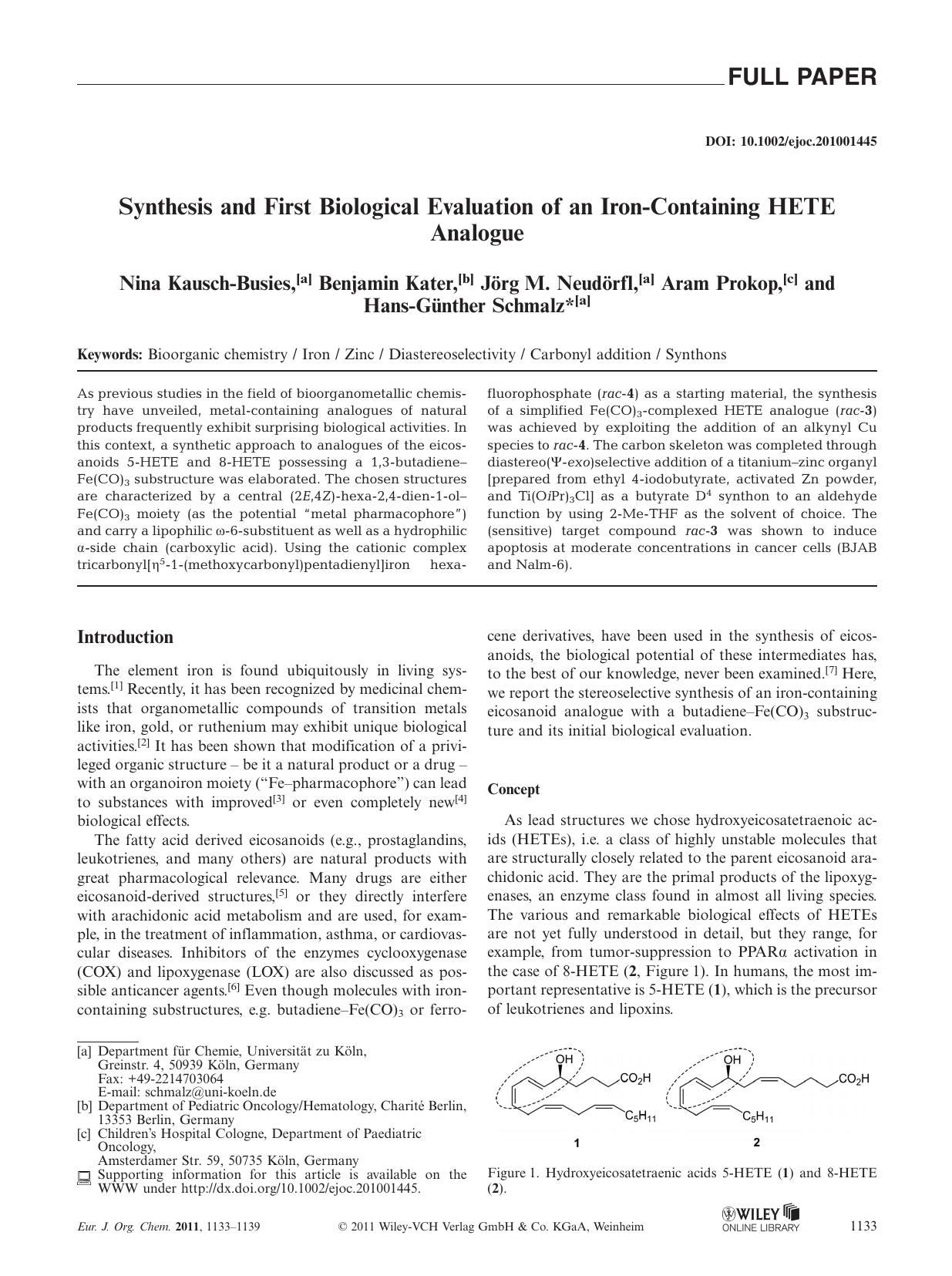 Synthesis and First Biological Evaluation of an IronContaining HETE Analogue by Unknown