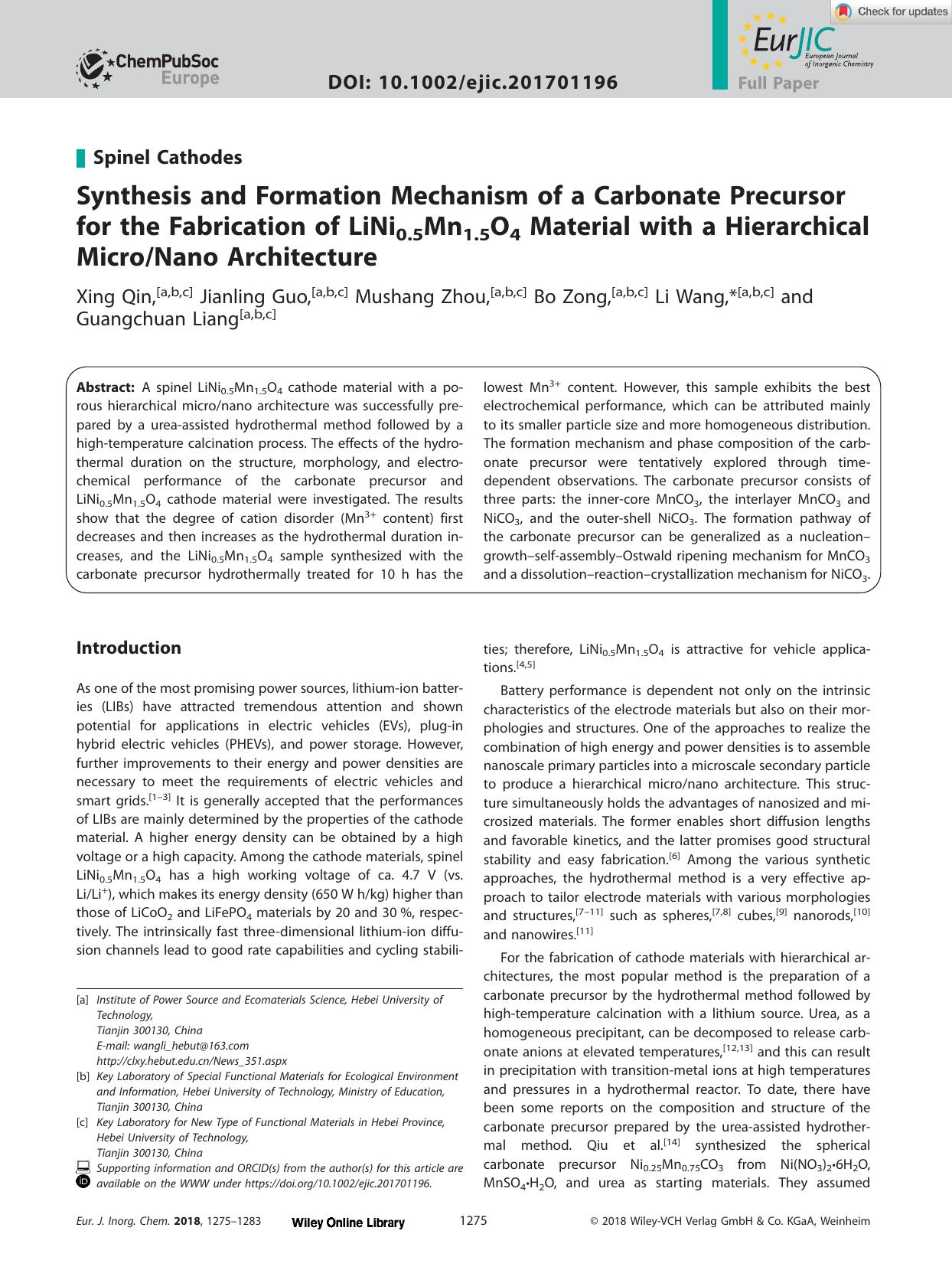 Synthesis and Formation Mechanism of a Carbonate Precursor for the Fabrication of LiNi0.5Mn1.5O4 Material with a Hierarchical MicroNano Architecture by Unknown