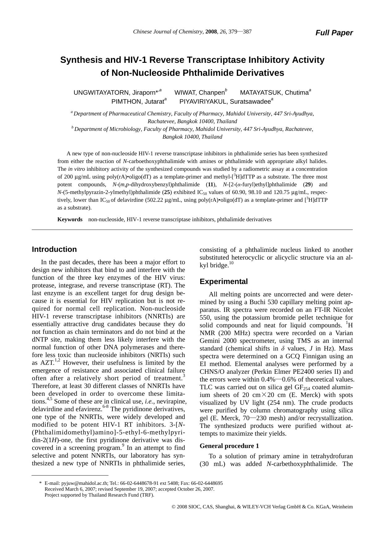 Synthesis and HIV-1 Reverse Transcriptase Inhibitory Activity of Non-Nucleoside Phthalimide Derivatives by zhaoxj