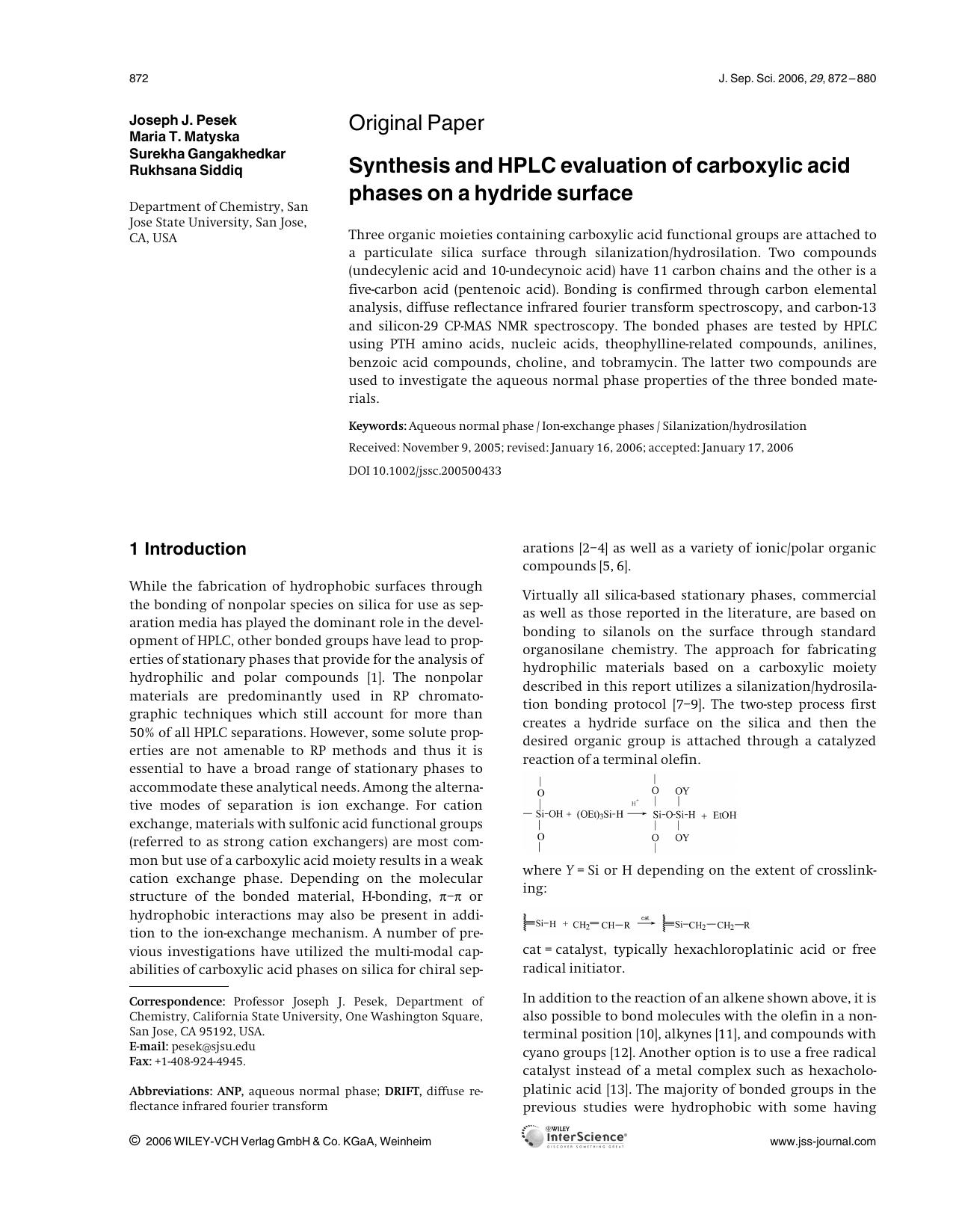 Synthesis and HPLC evaluation of carboxylic acid phases on a hydride surface by Unknown